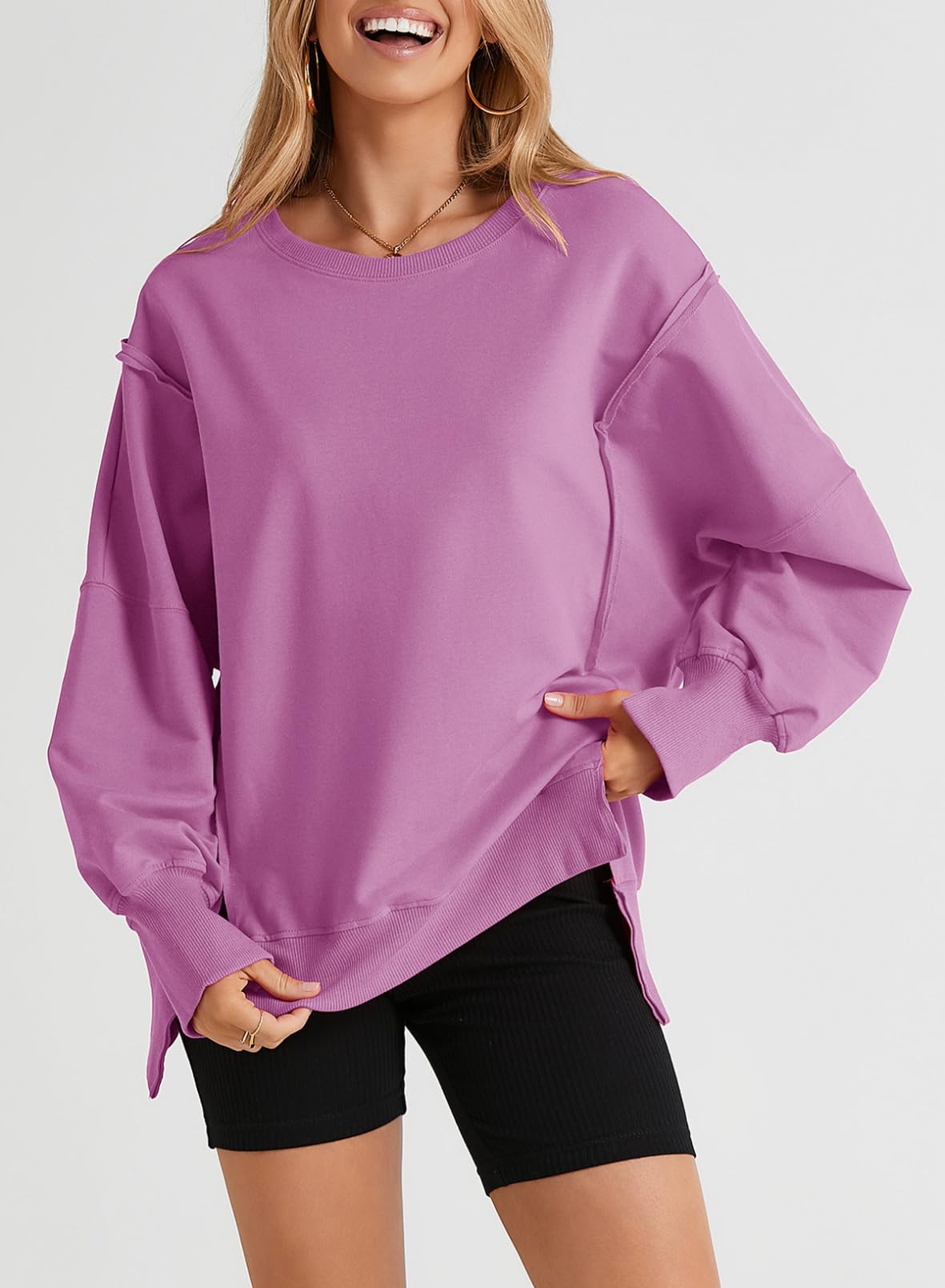 SHEWIN Womens Oversized Reverse Seam Sweatshirt Casual Long Sleeve Crewneck Lightweight Pullover Tops Loose Sweatshirts