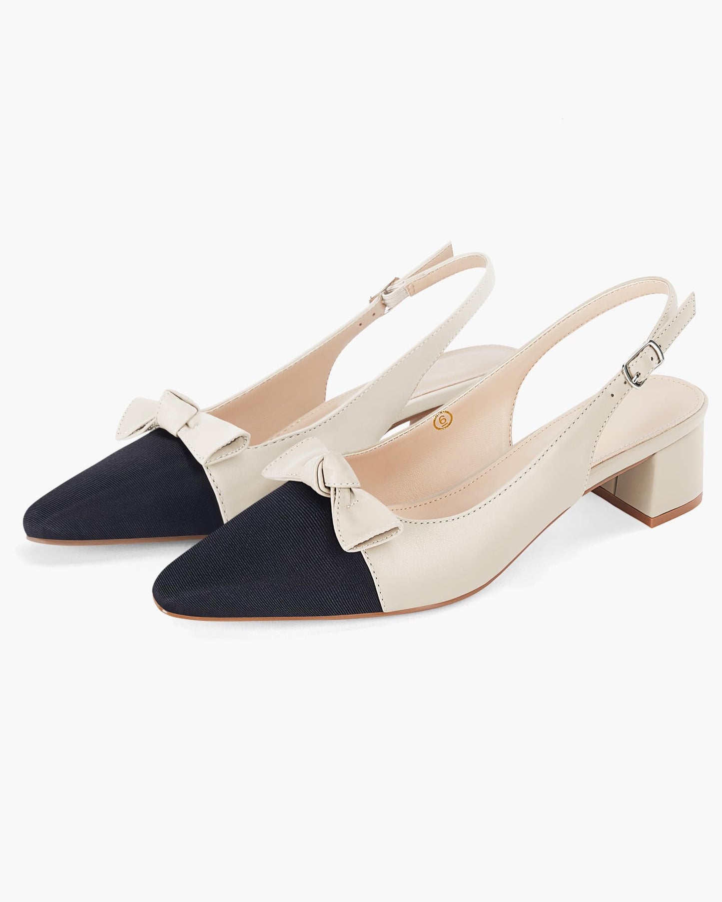 Coutgo Womens Chunky Slingback Bow Heels Low Heel Dress Shoes Pointed Toe Sexy Splicing Casual Wedding Pumps