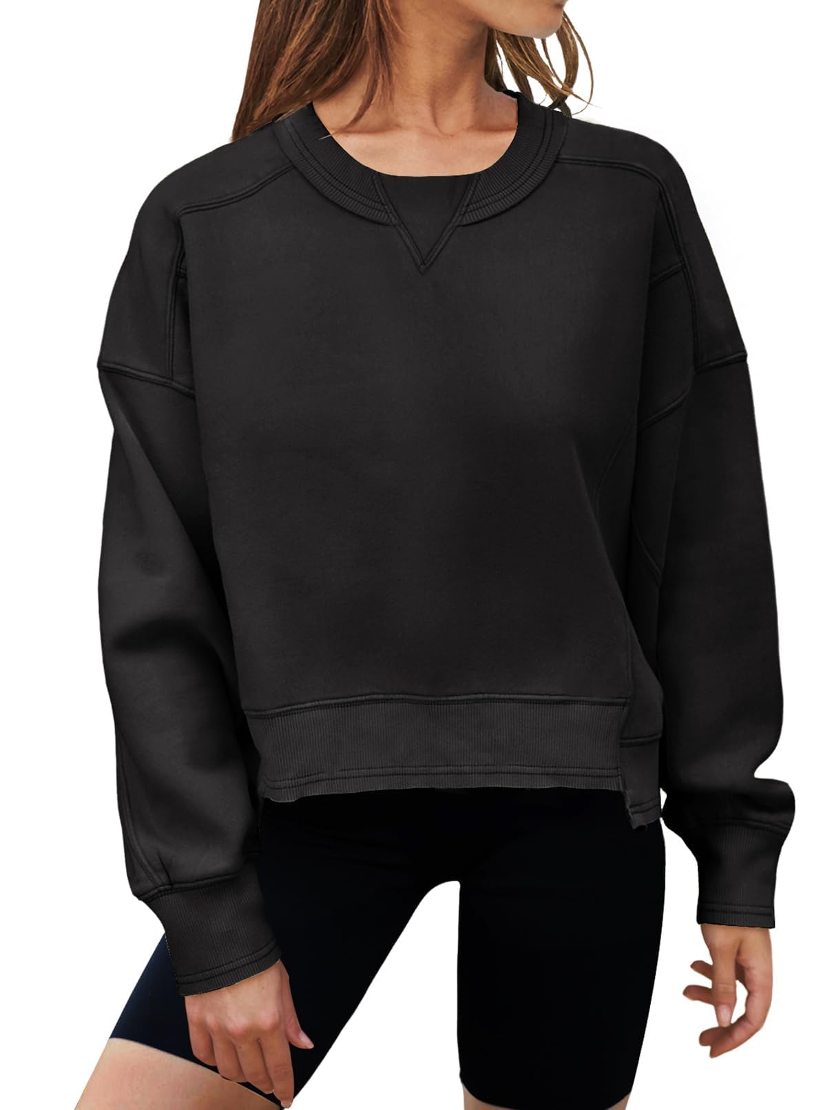 MEROKEETY Women's Oversized Cropped Sweatshirts Crewneck Fleece Workout Pullover Sweater Fall Outfits