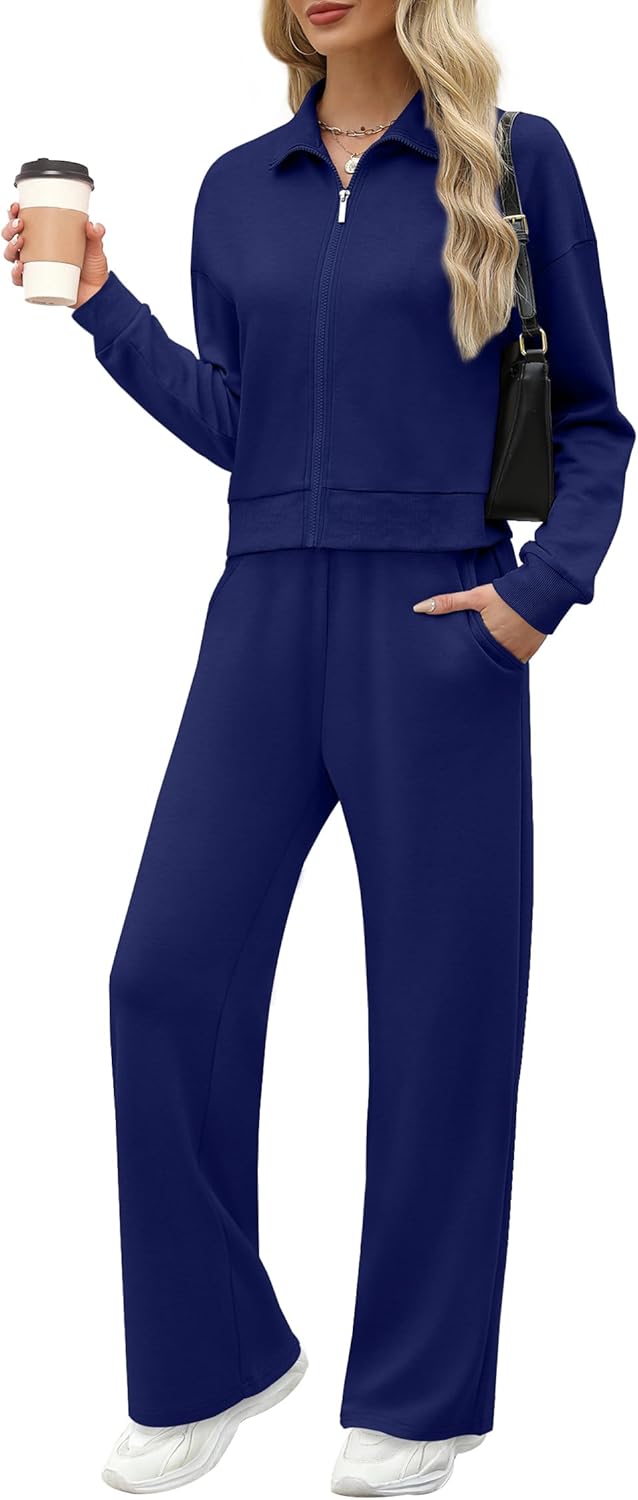 XIEERDUO Lounge Sets for Women 2024 Sweatsuit 2 Piece Outfits Sweatshirt Wide Leg Sweatpant Tracksuit Matching Set