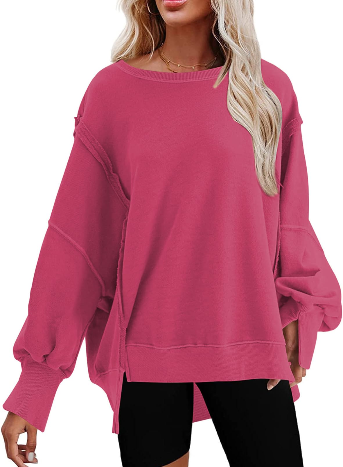 SHEWIN Womens Oversized Reverse Seam Sweatshirt Casual Long Sleeve Crewneck Lightweight Pullover Tops Loose Sweatshirts