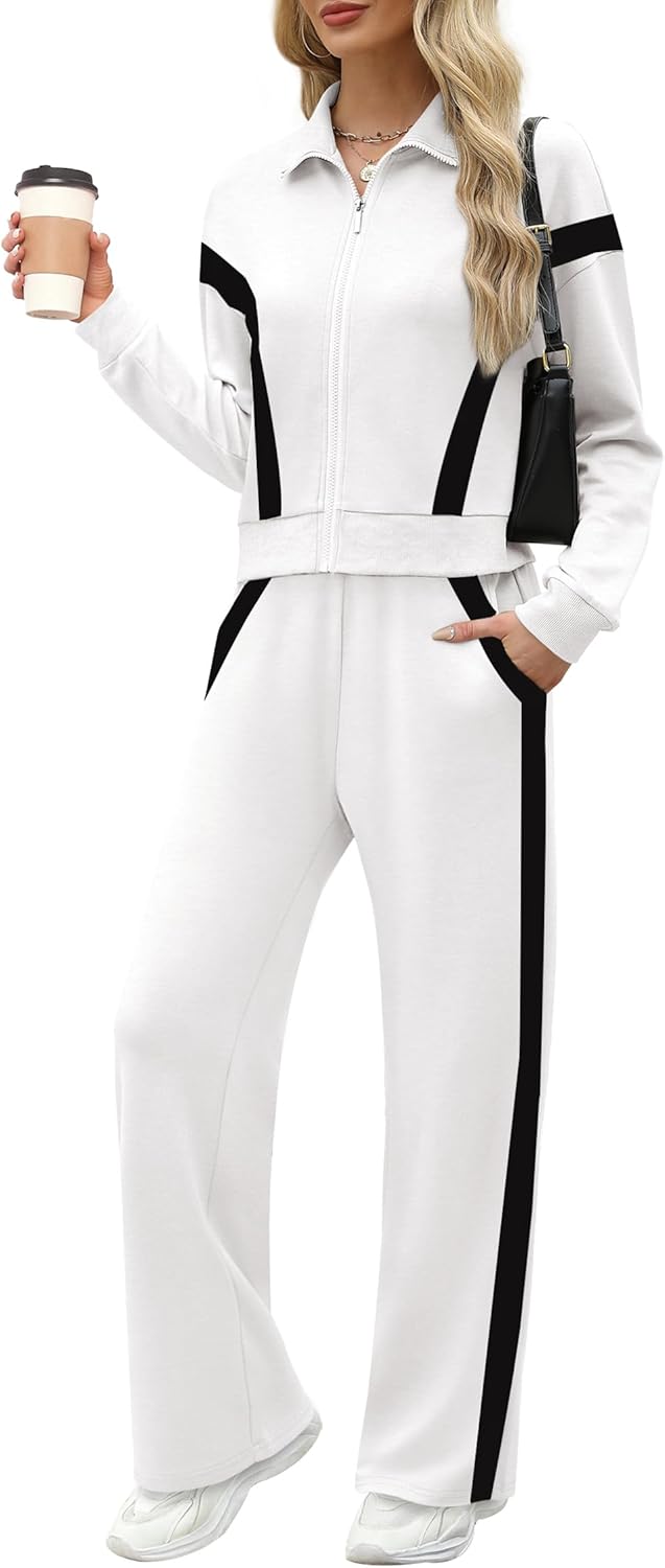 XIEERDUO Lounge Sets for Women 2024 Sweatsuit 2 Piece Outfits Sweatshirt Wide Leg Sweatpant Tracksuit Matching Set