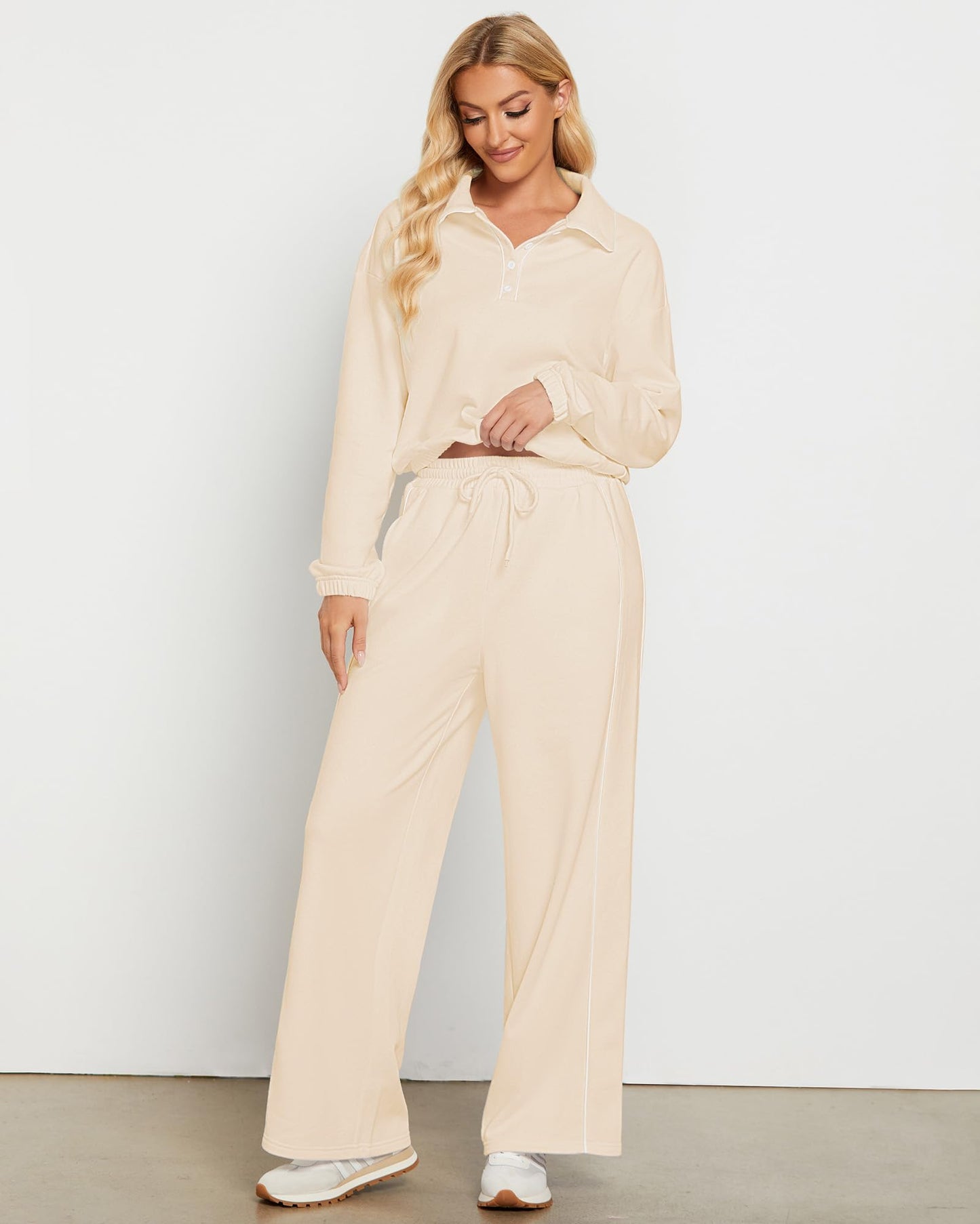 GRAPENT Sweatsuits Two Piece Sets for Women High Wasited Wide Leg Pants Fleece Button Pullover Sweatshirt Lounge Outfits