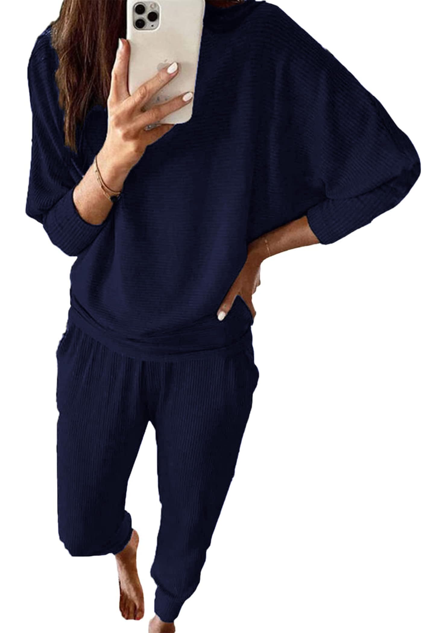 PRETTYGARDEN Women's Fall Fashion Outfits 2 Piece Sweatsuit Solid Color Long Sleeve Pullover Long Pants Lounge Set