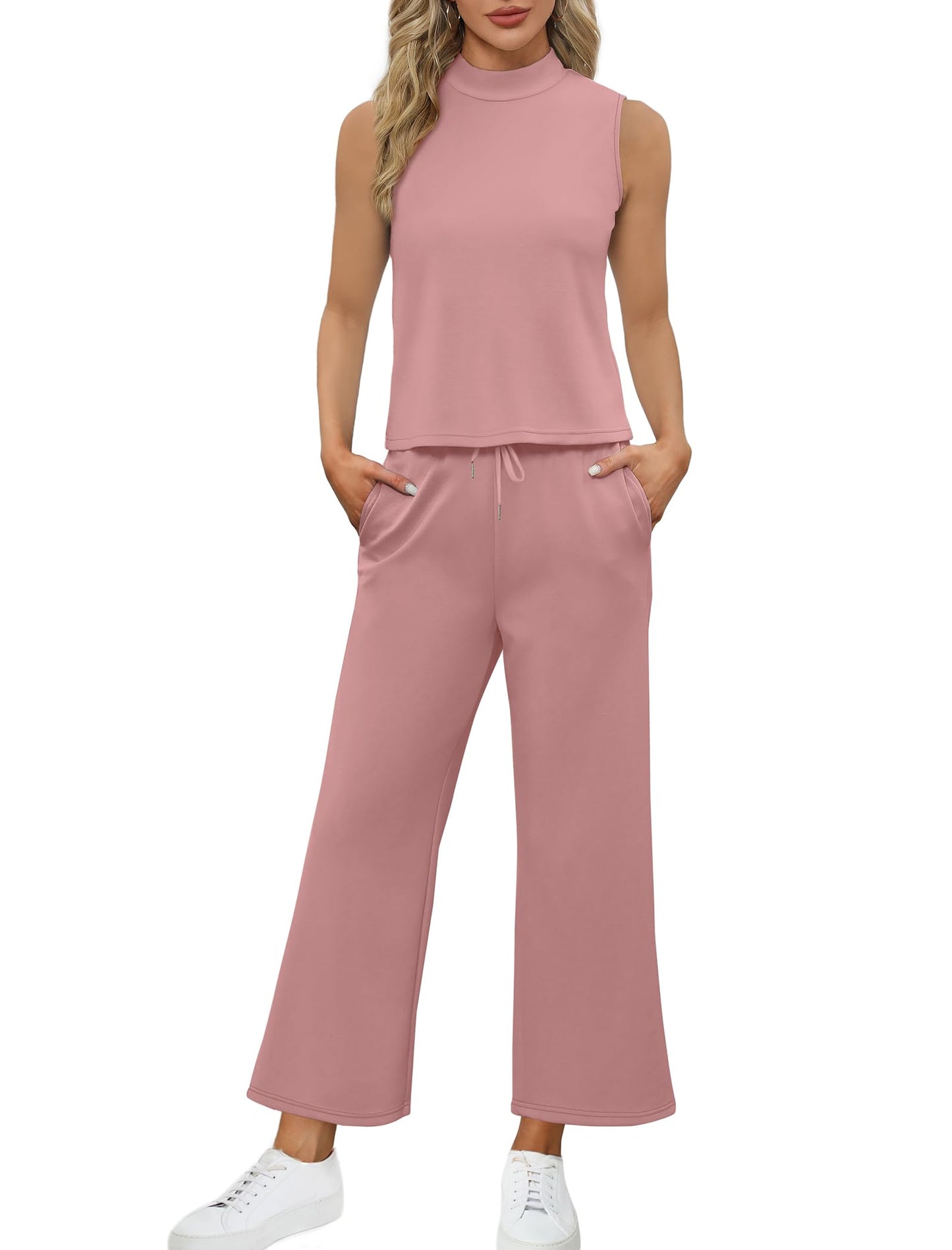 SAMPEEL Matching Sets Women Clothing 2 Piece Sets Summer Casual Mock Neck Lounge Sets Sleeveless Wide Leg Pants Vacation Outfits Sweat Set Pink M