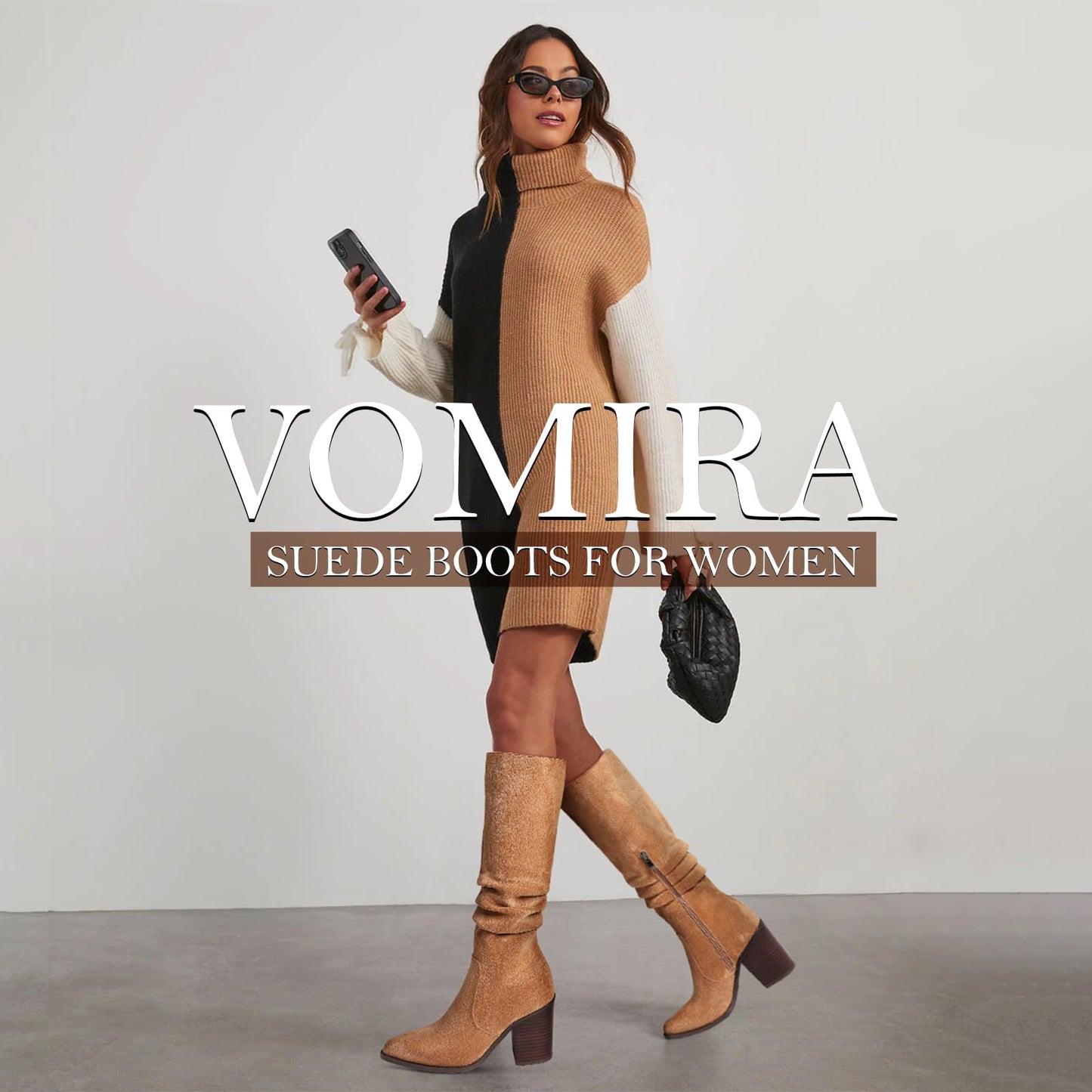 VOMIRA Knee High Boots Women Suede Boots Pointy Toe Chunky Block Heels Side Zipper Wide Calf Boots Fashion Dress Tall Boots Fall Winter Long Boots