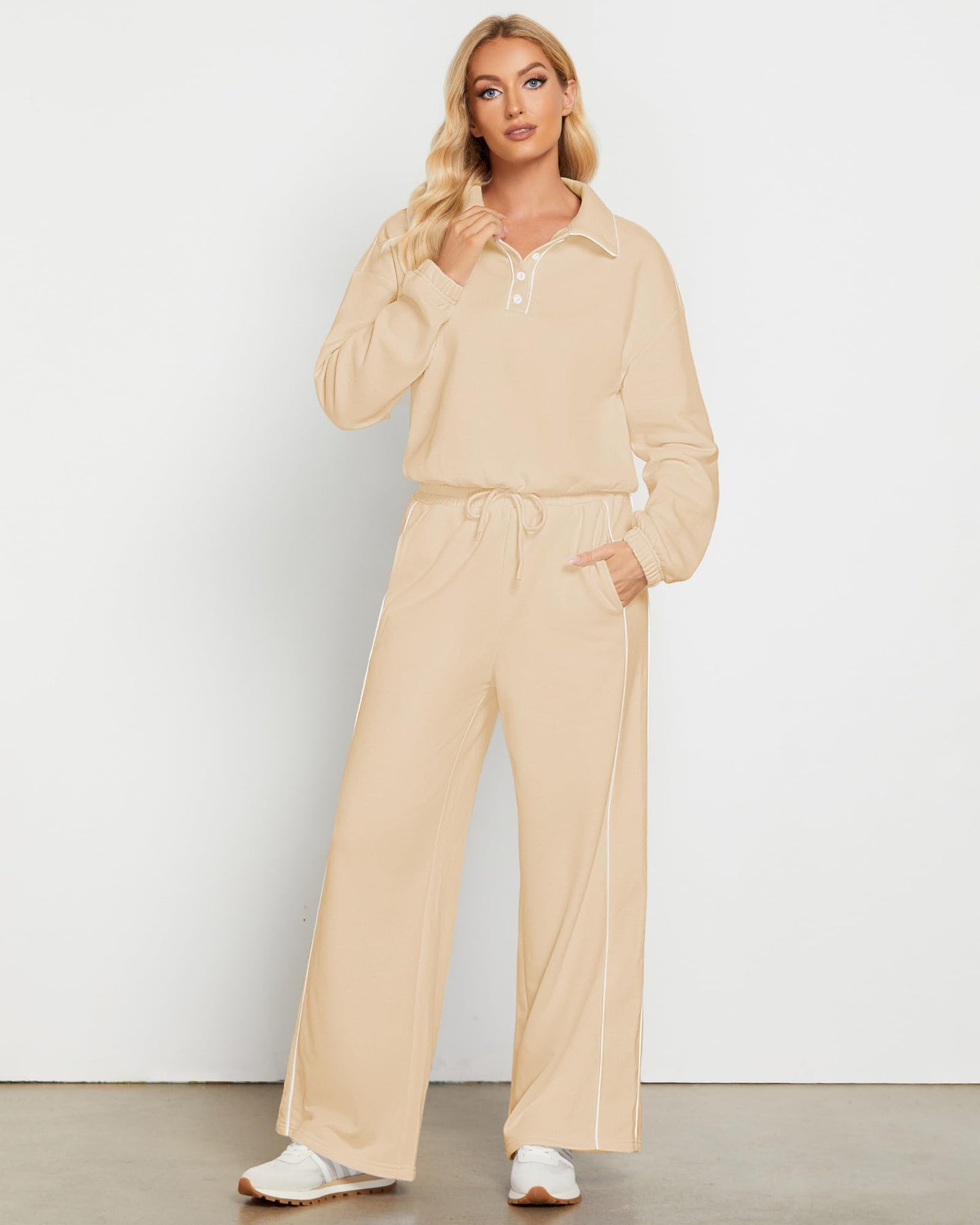GRAPENT Sweatsuits Two Piece Sets for Women High Wasited Wide Leg Pants Fleece Button Pullover Sweatshirt Lounge Outfits