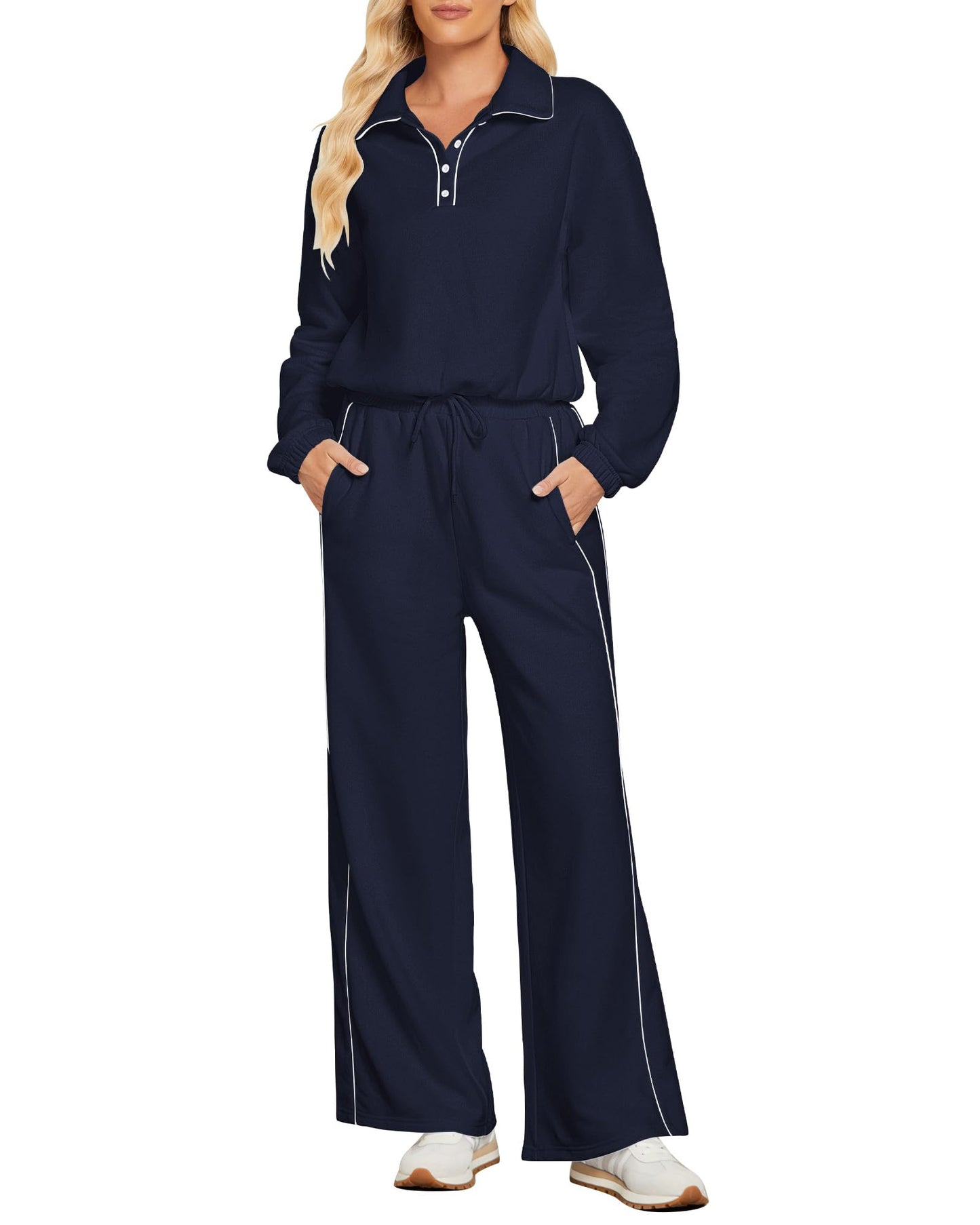 GRAPENT Sweatsuits Two Piece Sets for Women High Wasited Wide Leg Pants Fleece Button Pullover Sweatshirt Lounge Outfits