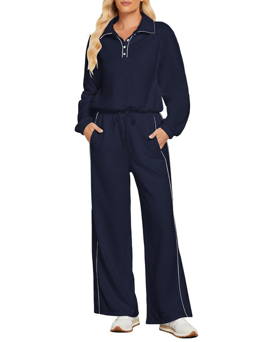 GRAPENT Sweatsuits Two Piece Sets for Women High Wasited Wide Leg Pants Fleece Button Pullover Sweatshirt Lounge Outfits