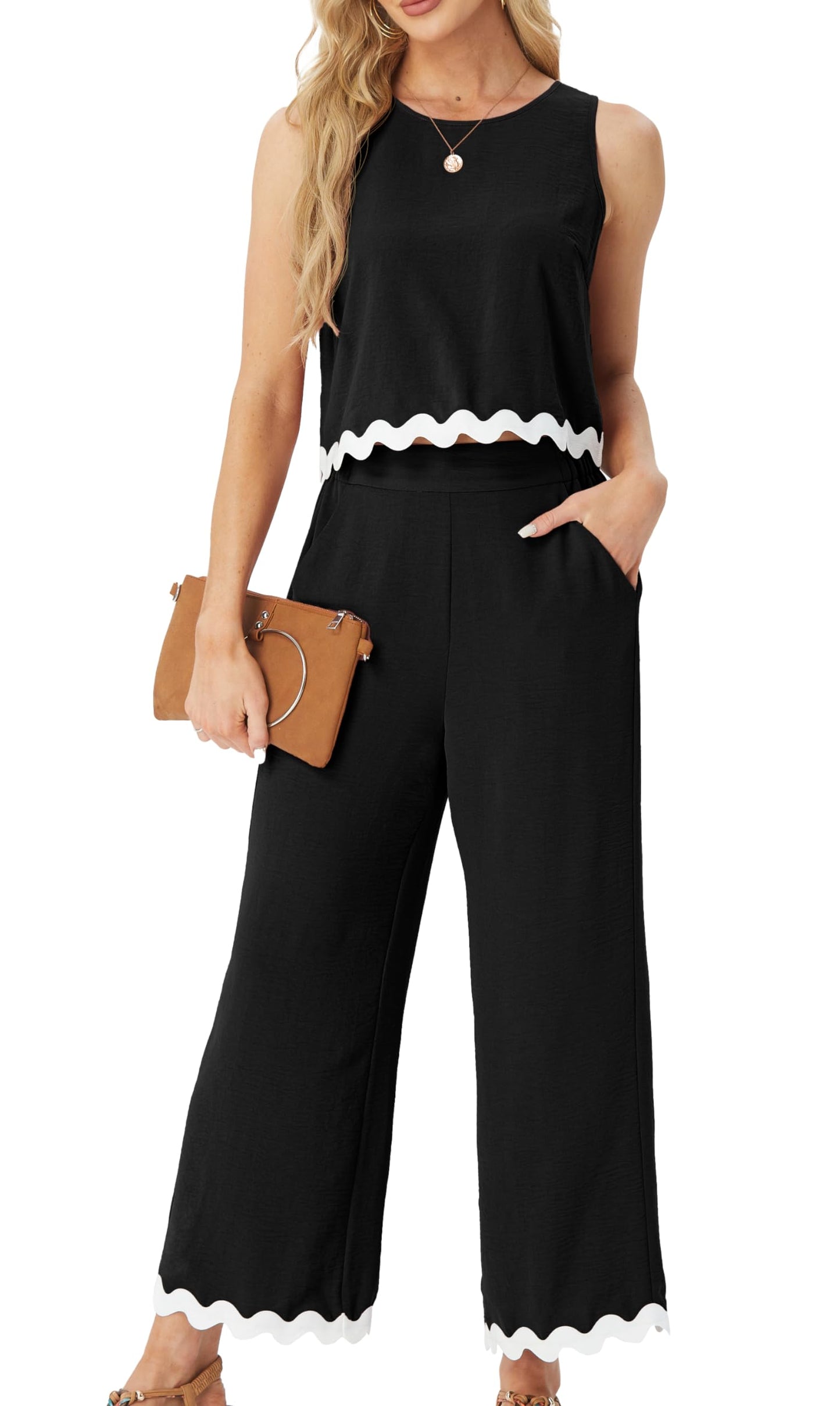 IWOLLENCE Women's Summer 2 Piece Outfits Set Round neck Sleeveless Tank Crop Top Wide Leg pants Set Pockets Jumpsuits