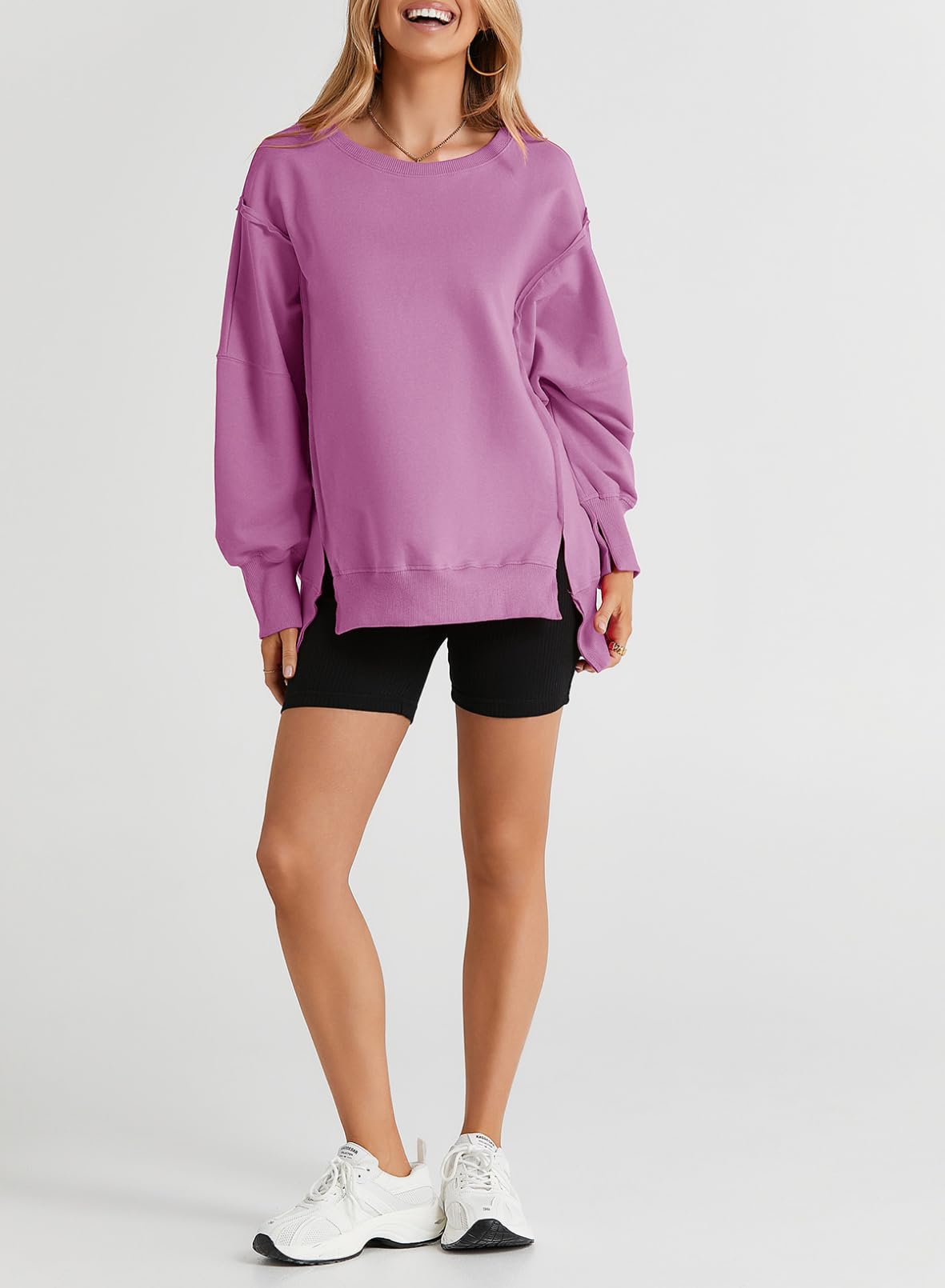 SHEWIN Womens Oversized Reverse Seam Sweatshirt Casual Long Sleeve Crewneck Lightweight Pullover Tops Loose Sweatshirts