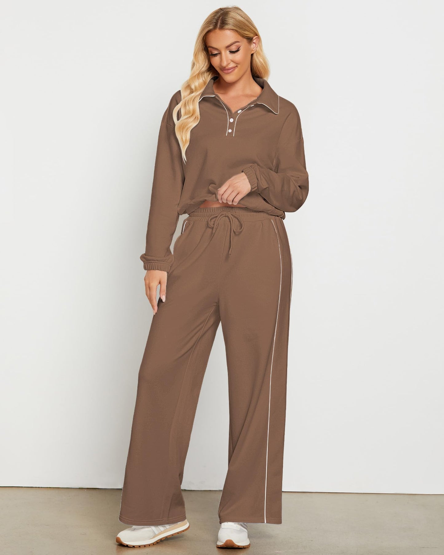GRAPENT Sweatsuits Two Piece Sets for Women High Wasited Wide Leg Pants Fleece Button Pullover Sweatshirt Lounge Outfits