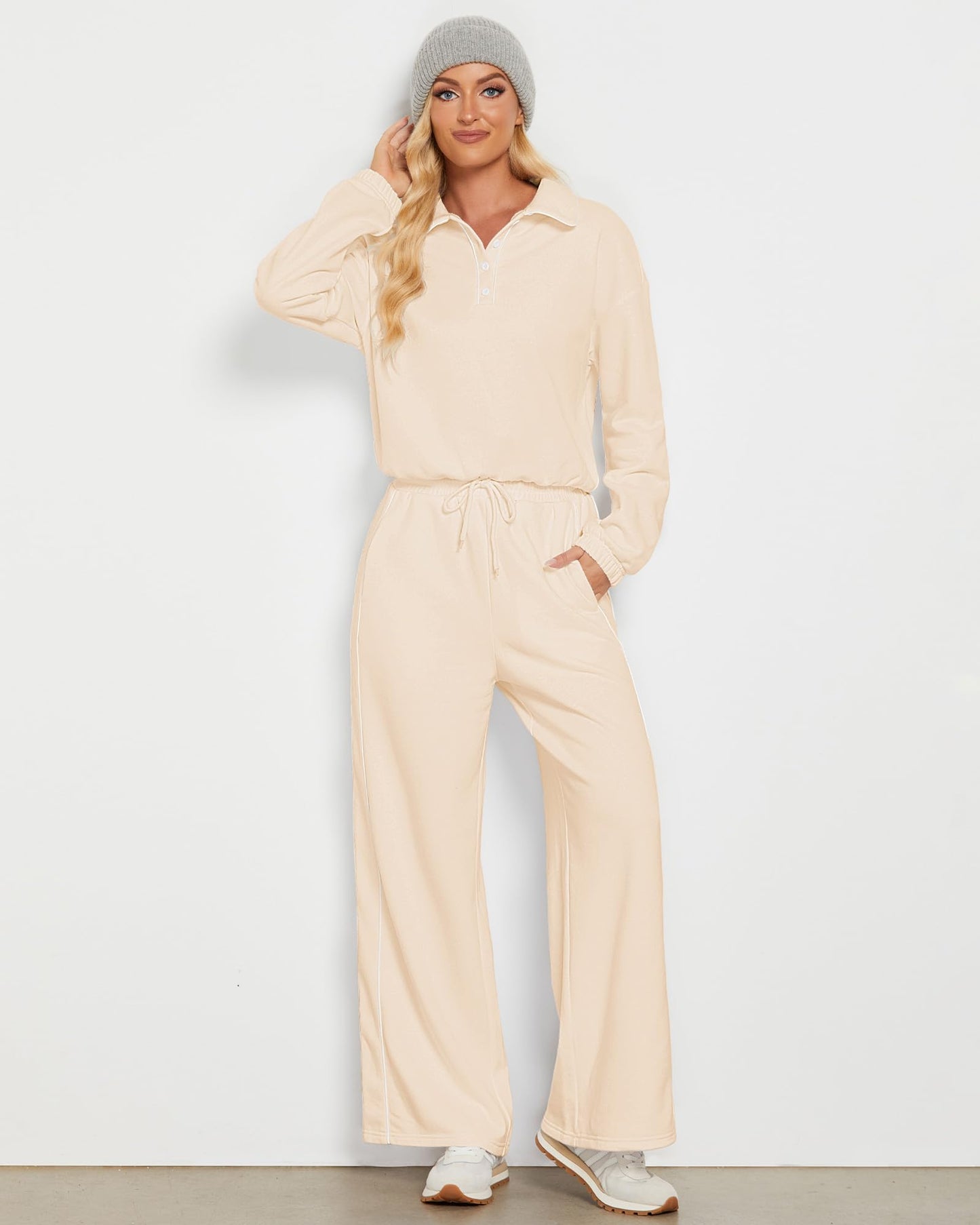 GRAPENT Sweatsuits Two Piece Sets for Women High Wasited Wide Leg Pants Fleece Button Pullover Sweatshirt Lounge Outfits