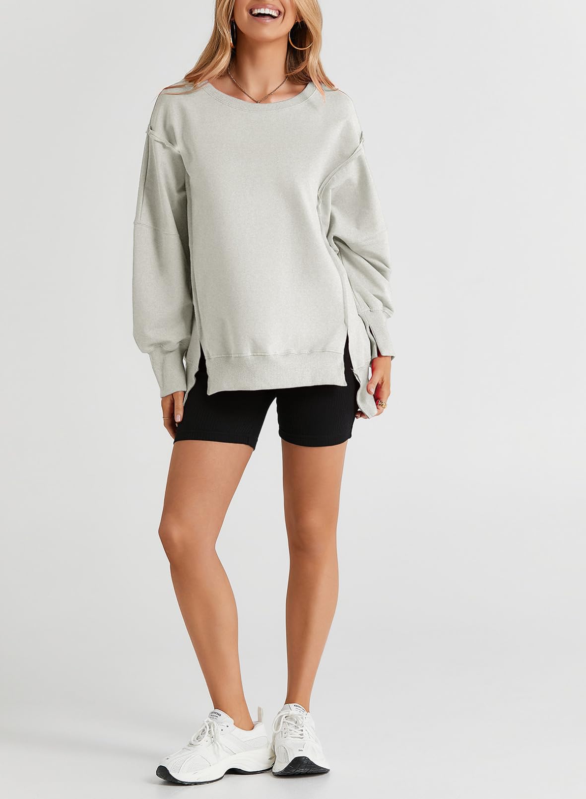 SHEWIN Womens Oversized Reverse Seam Sweatshirt Casual Long Sleeve Crewneck Lightweight Pullover Tops Loose Sweatshirts