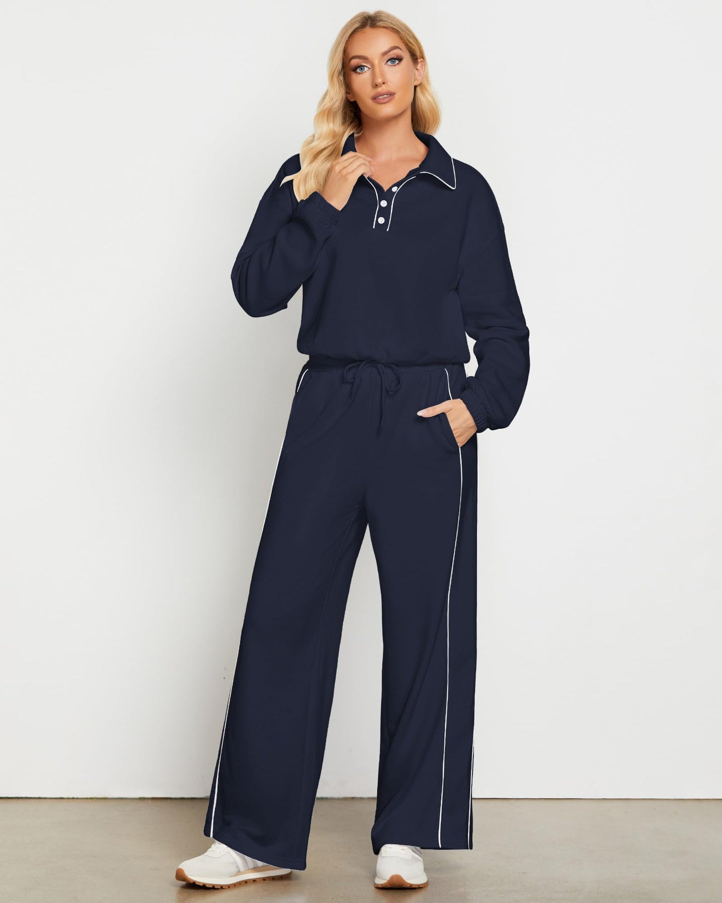 GRAPENT Sweatsuits Two Piece Sets for Women High Wasited Wide Leg Pants Fleece Button Pullover Sweatshirt Lounge Outfits