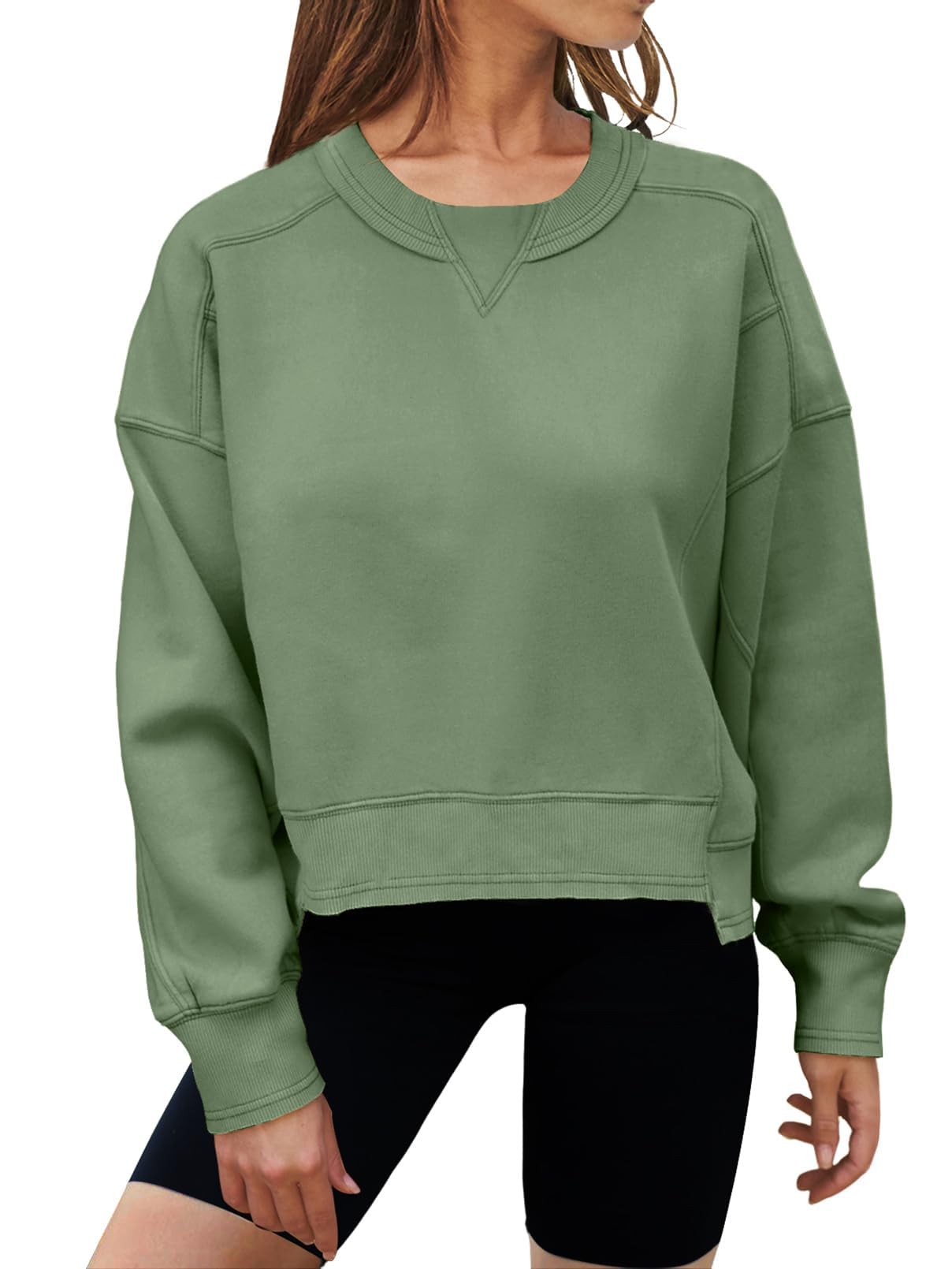 MEROKEETY Women's Oversized Cropped Sweatshirts Crewneck Fleece Workout Pullover Sweater Fall Outfits