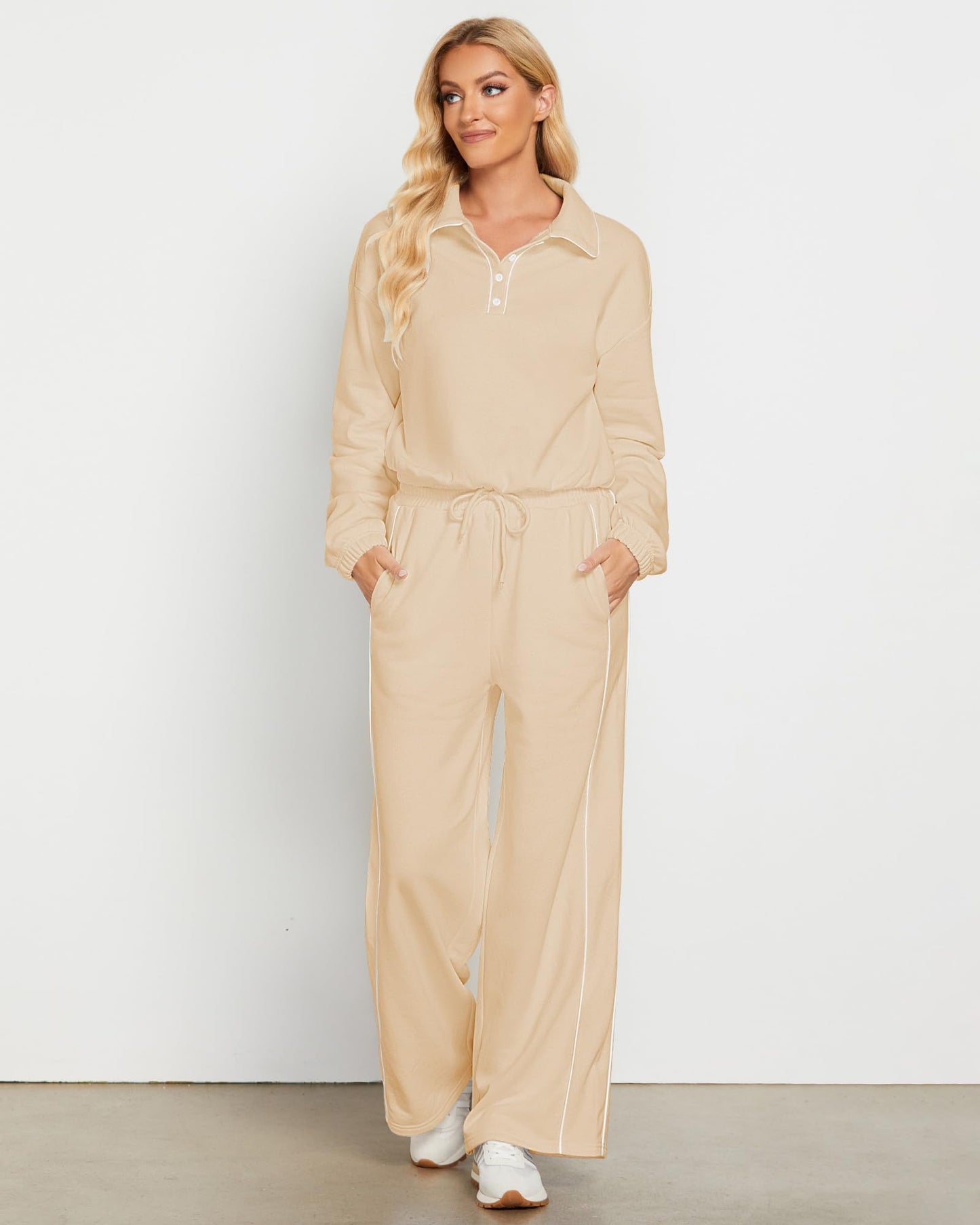 GRAPENT Sweatsuits Two Piece Sets for Women High Wasited Wide Leg Pants Fleece Button Pullover Sweatshirt Lounge Outfits