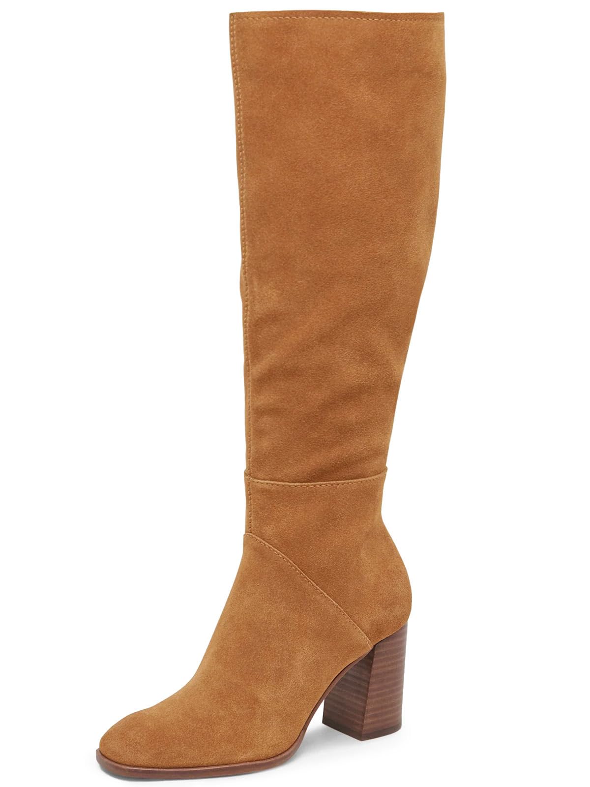 Coutgo Womens Knee High Boots Square Toe Chunky Block Heel Side Zipper Faux Suede Long Boots Fall Winter Shoes