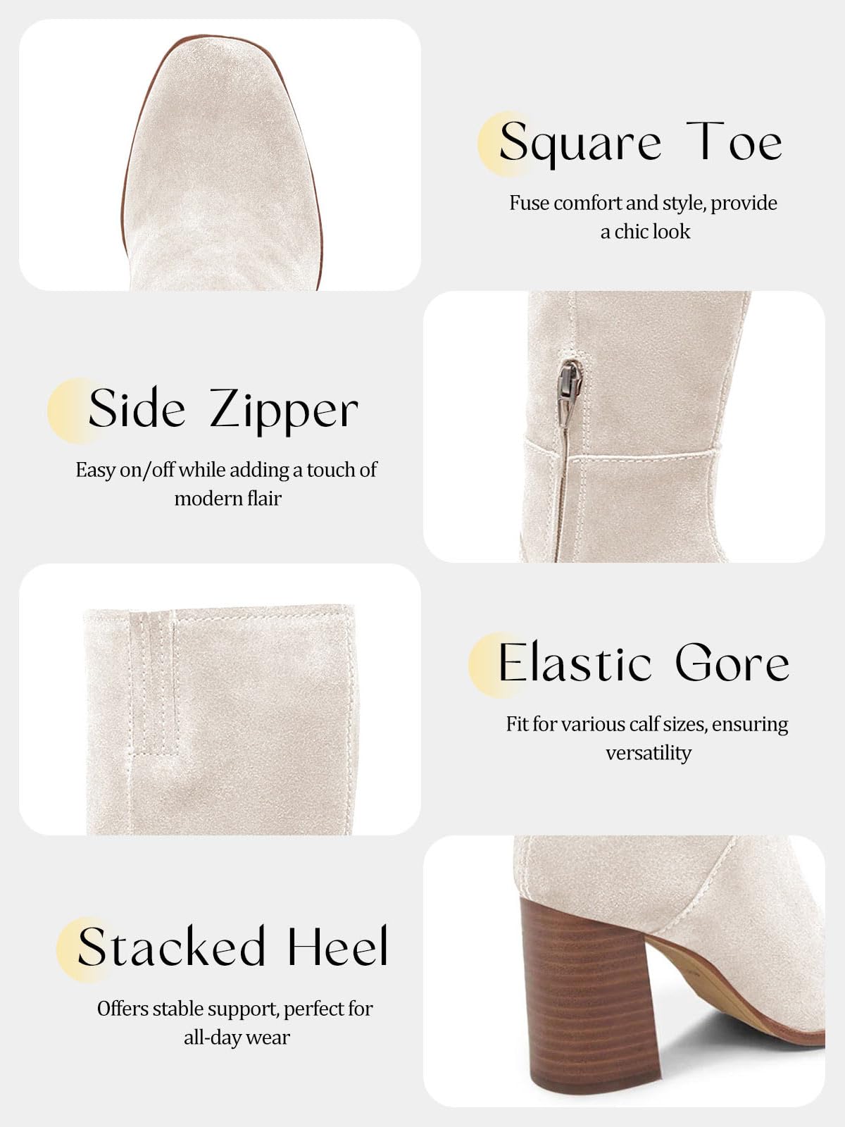 Coutgo Womens Knee High Boots Square Toe Chunky Block Heel Side Zipper Faux Suede Long Boots Fall Winter Shoes