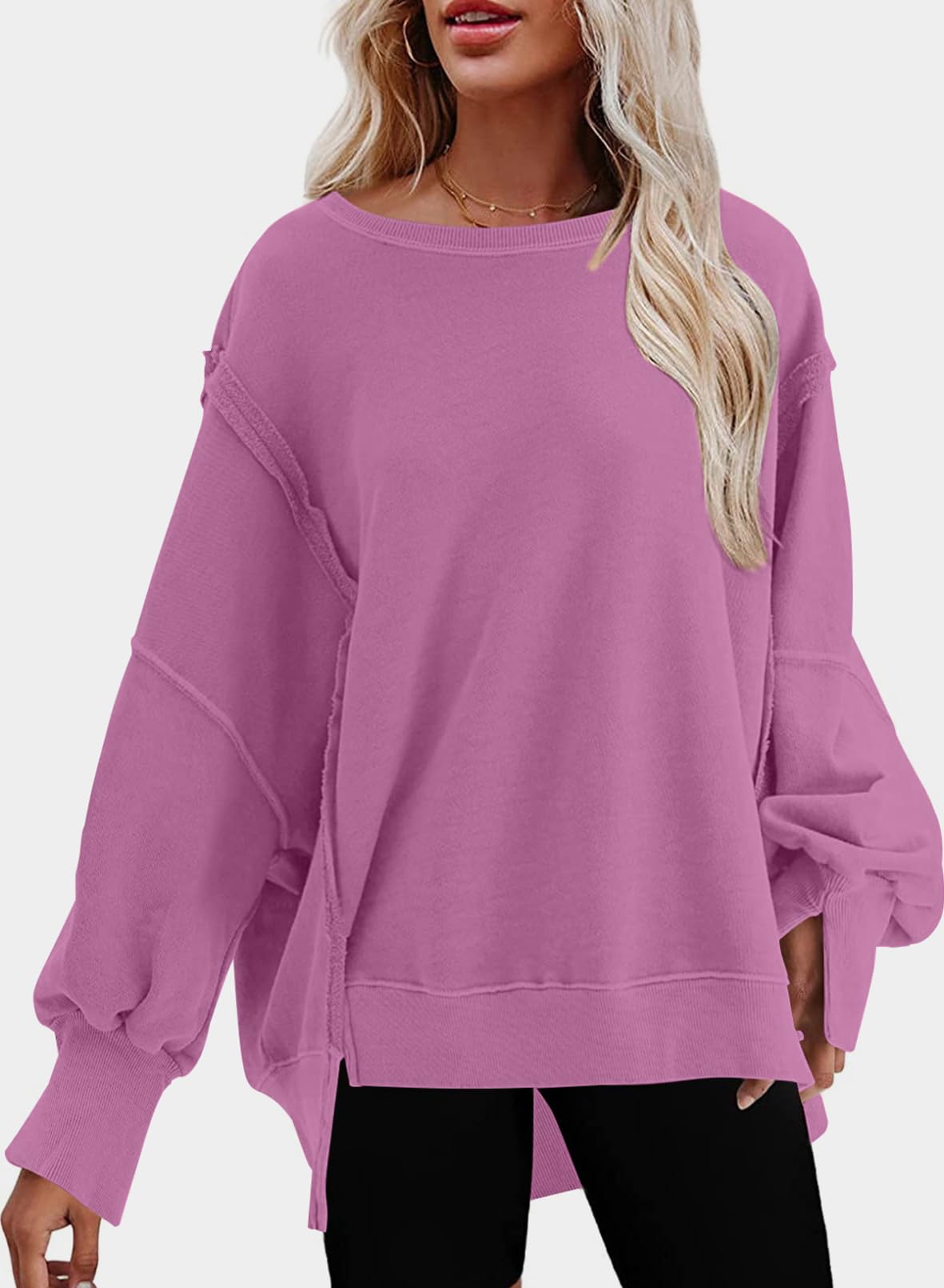 SHEWIN Womens Oversized Reverse Seam Sweatshirt Casual Long Sleeve Crewneck Lightweight Pullover Tops Loose Sweatshirts