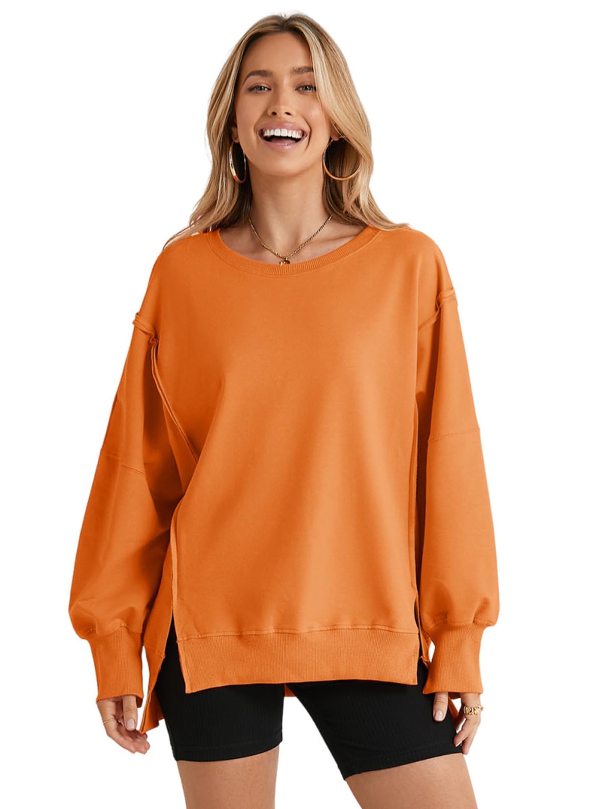 SHEWIN Womens Oversized Reverse Seam Sweatshirt Casual Long Sleeve Crewneck Lightweight Pullover Tops Loose Sweatshirts