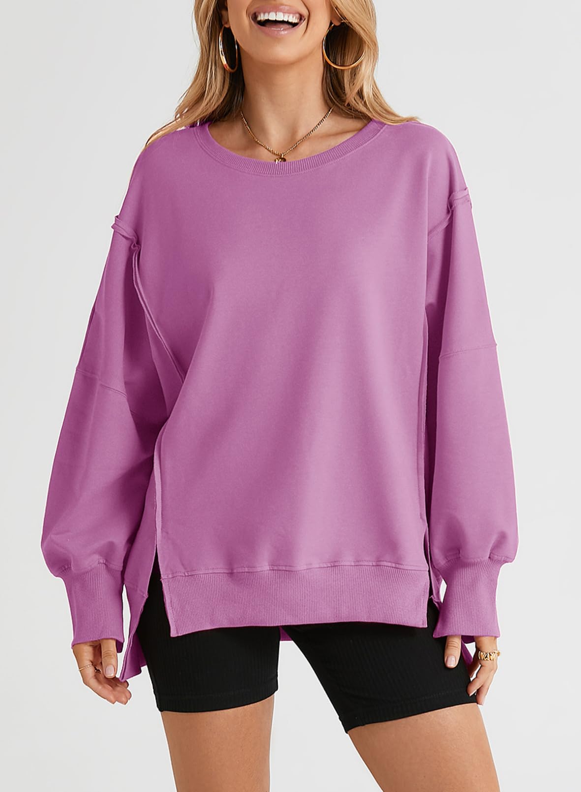 SHEWIN Womens Oversized Reverse Seam Sweatshirt Casual Long Sleeve Crewneck Lightweight Pullover Tops Loose Sweatshirts