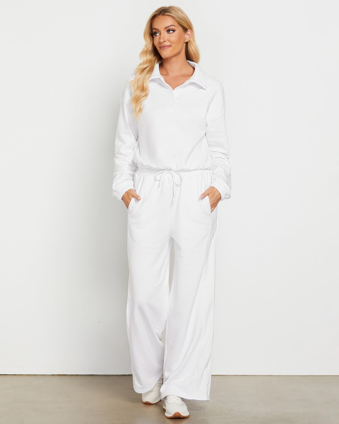 GRAPENT Sweatsuits Two Piece Sets for Women High Wasited Wide Leg Pants Fleece Button Pullover Sweatshirt Lounge Outfits