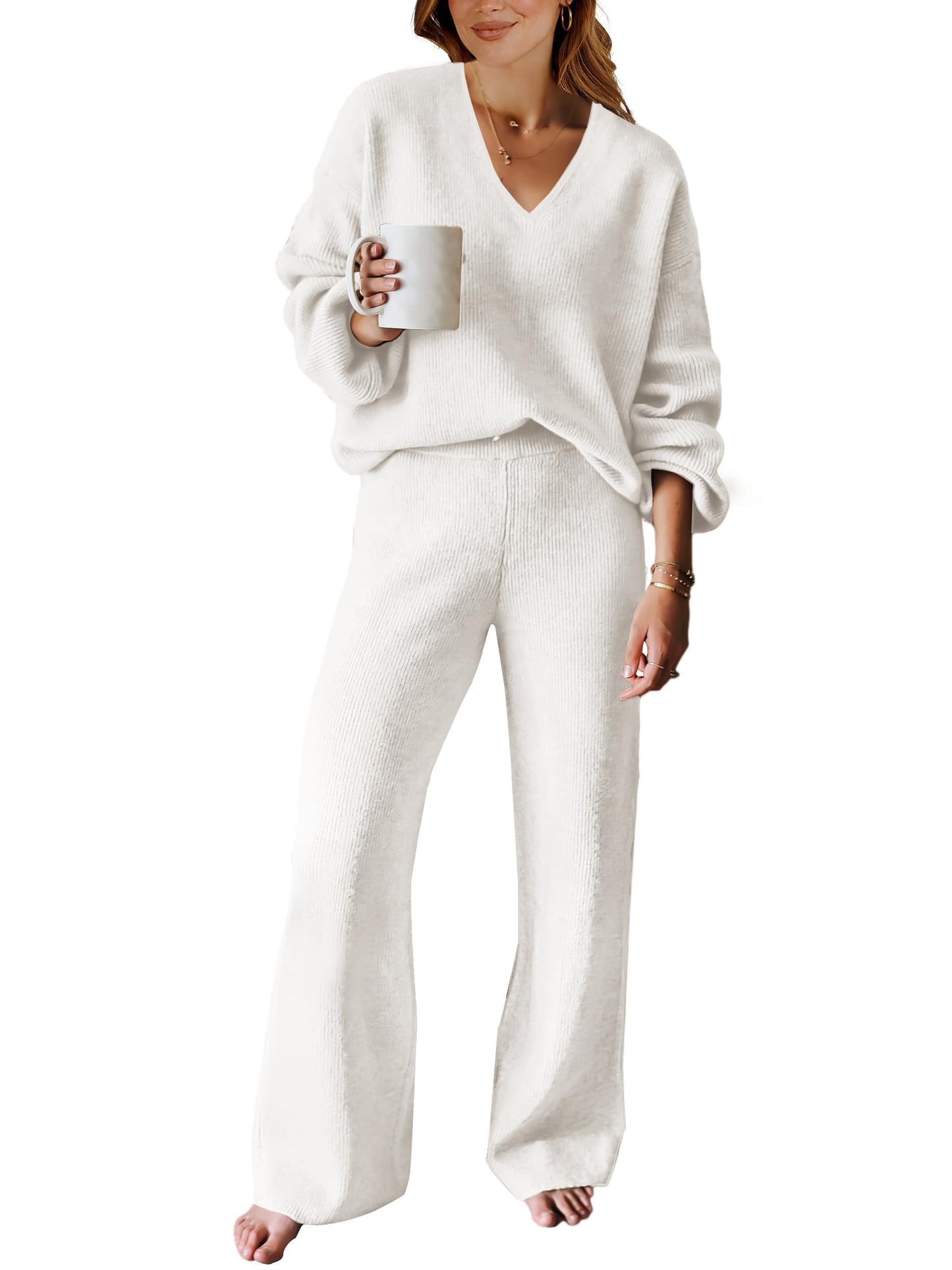 ANRABESS Women 2 Piece Outfits Sweater Lounge Sets Long Sleeve Cable Knit Pullover and Wide Leg Pants Tracksuit Matching Set