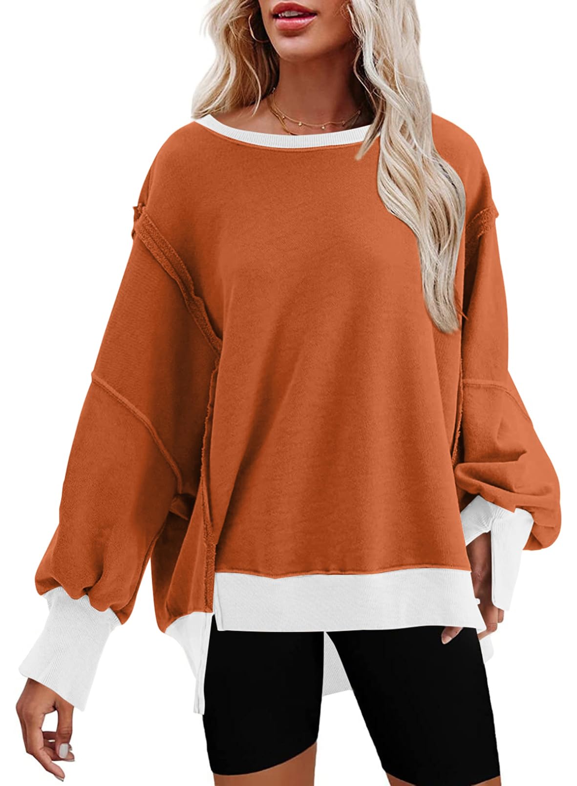 SHEWIN Womens Oversized Reverse Seam Sweatshirt Casual Long Sleeve Crewneck Lightweight Pullover Tops Loose Sweatshirts