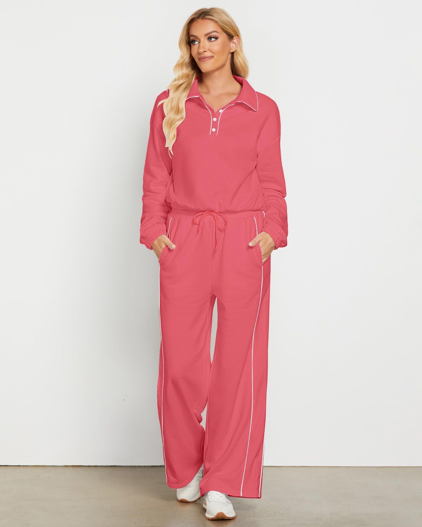 GRAPENT Sweatsuits Two Piece Sets for Women High Wasited Wide Leg Pants Fleece Button Pullover Sweatshirt Lounge Outfits