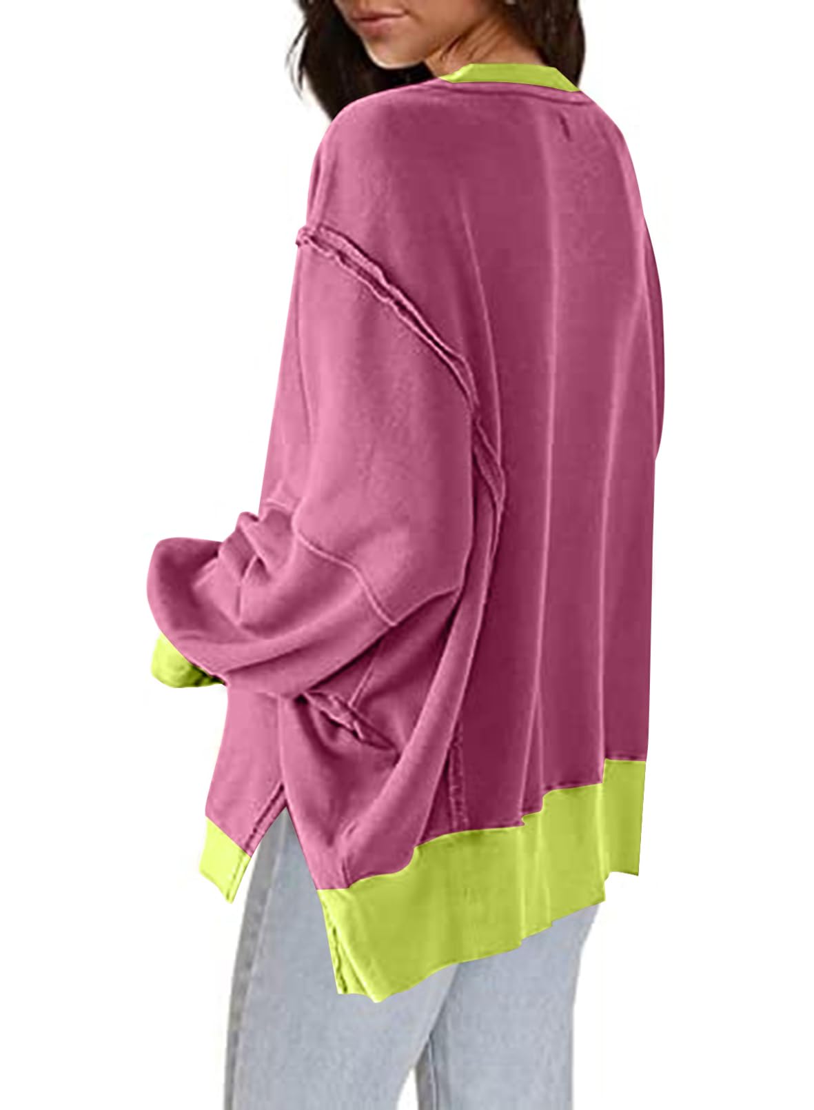 SHEWIN Womens Oversized Reverse Seam Sweatshirt Casual Long Sleeve Crewneck Lightweight Pullover Tops Loose Sweatshirts