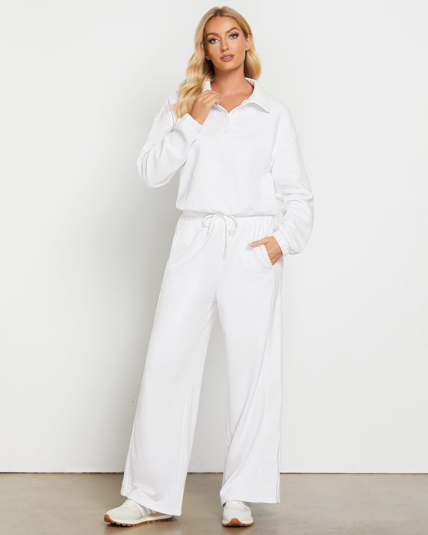 GRAPENT Sweatsuits Two Piece Sets for Women High Wasited Wide Leg Pants Fleece Button Pullover Sweatshirt Lounge Outfits