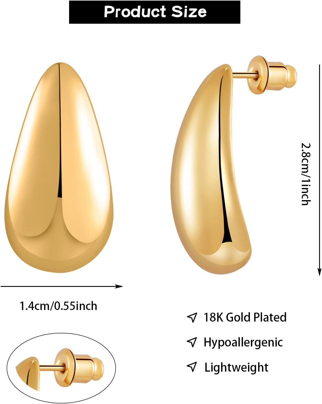 Chunky Gold Hoop Earrings for Women, Long Waterdrop Earrings with 18K Gold-Plated, Hypoallergenic Teardrop Earrings for Women, Gold and Silver