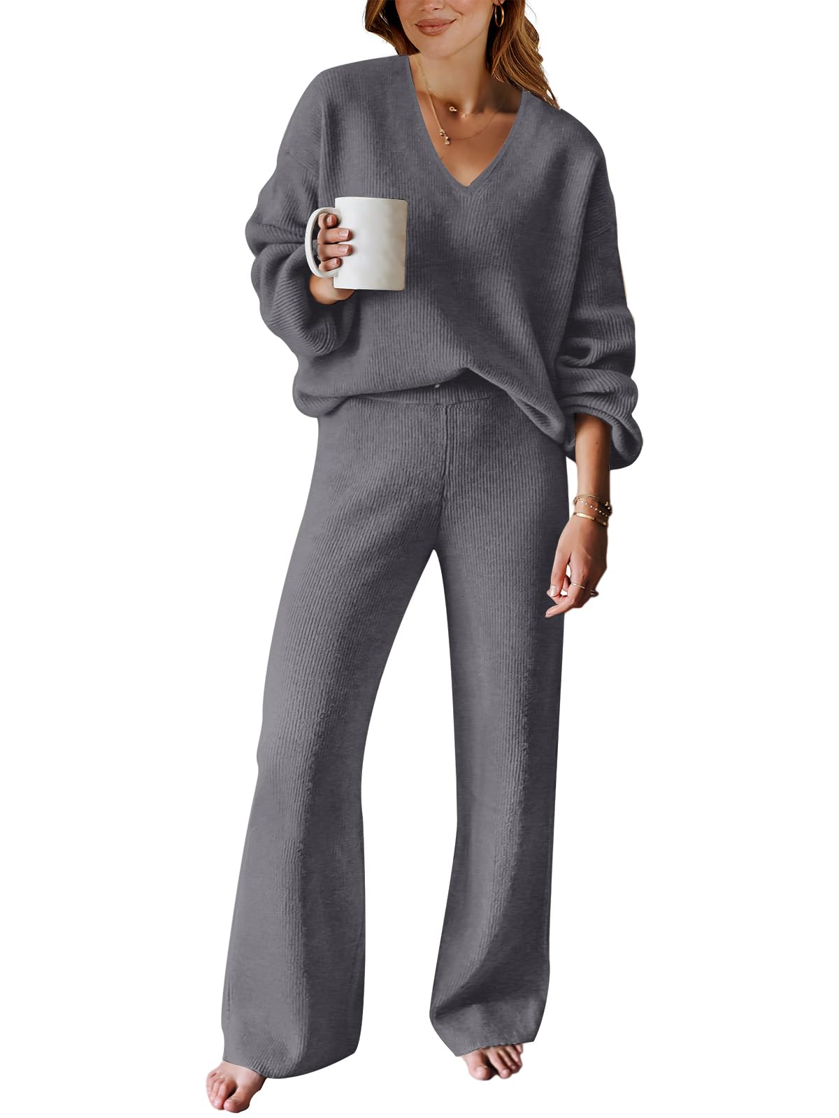 ANRABESS Women 2 Piece Outfits Sweater Lounge Sets Long Sleeve Cable Knit Pullover and Wide Leg Pants Tracksuit Matching Set