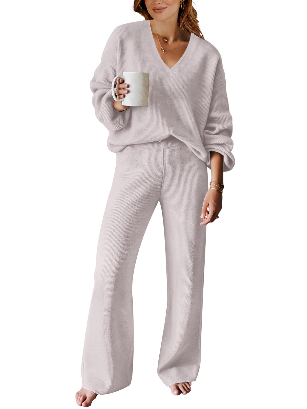 ANRABESS Women 2 Piece Outfits Sweater Lounge Sets Long Sleeve Cable Knit Pullover and Wide Leg Pants Tracksuit Matching Set