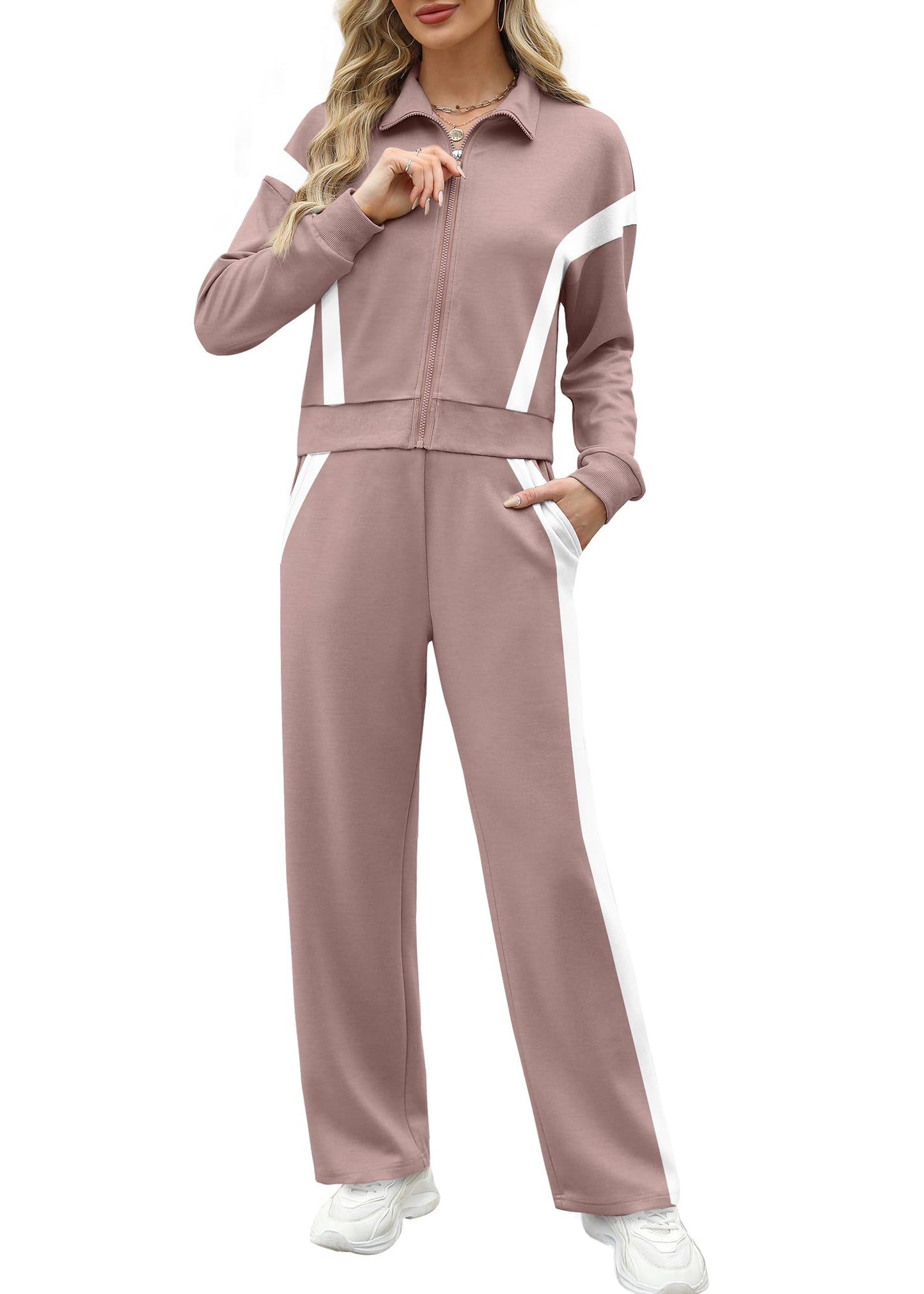 XIEERDUO Lounge Sets for Women 2024 Sweatsuit 2 Piece Outfits Sweatshirt Wide Leg Sweatpant Tracksuit Matching Set