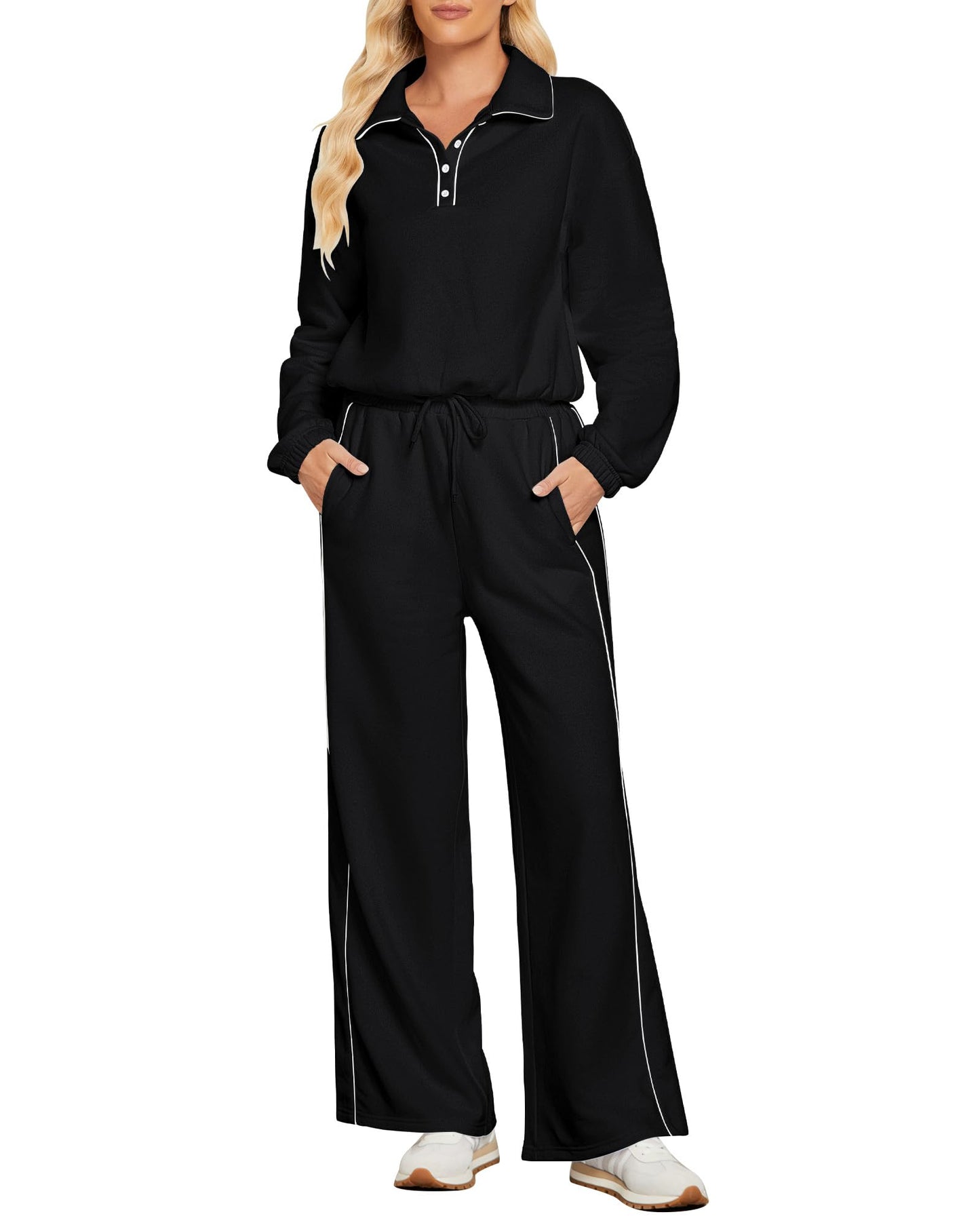 GRAPENT Sweatsuits Two Piece Sets for Women High Wasited Wide Leg Pants Fleece Button Pullover Sweatshirt Lounge Outfits