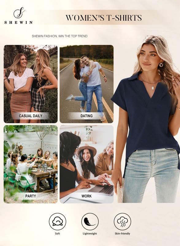 SHEWIN Women's Polo Shirts Casual Collared Short Sleeve Shirt Loose V Neck Tunic Tops