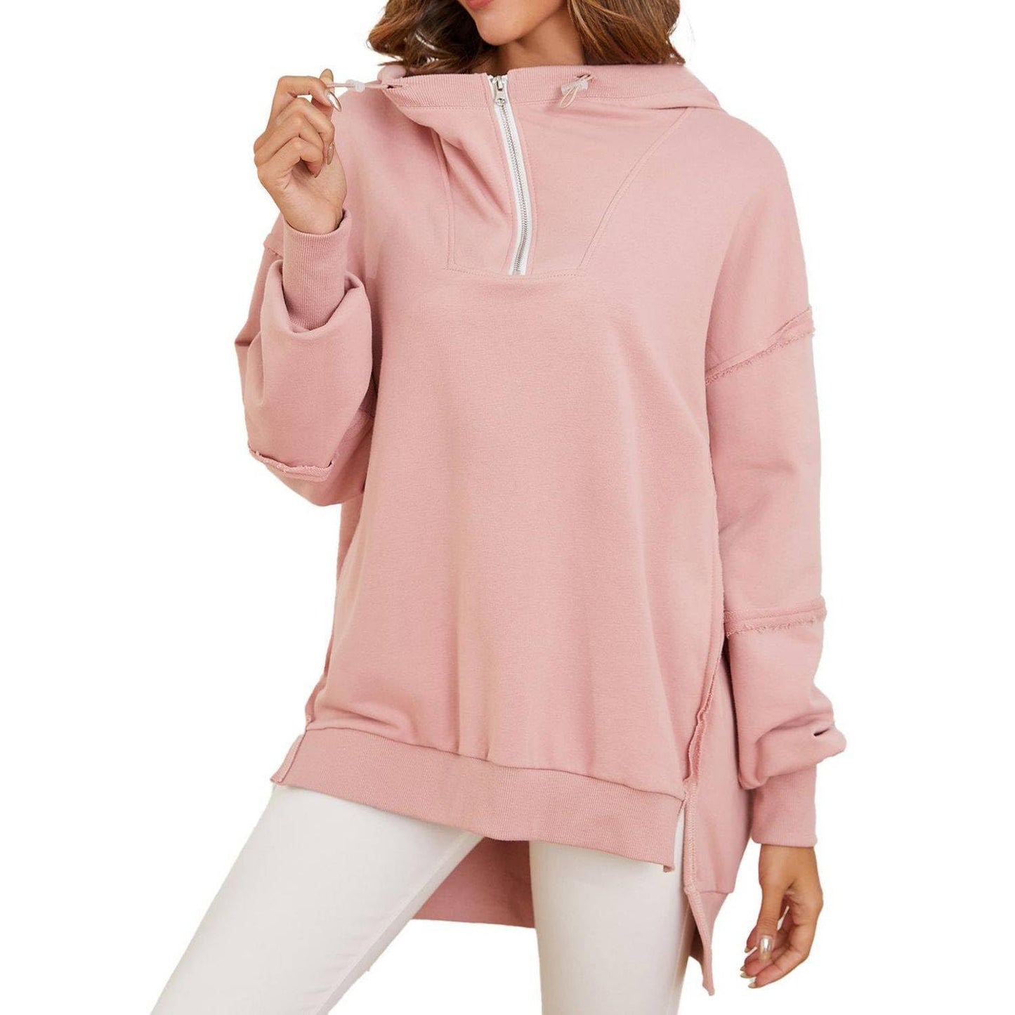 Women’s Quarter Zip Hoodies Long Sleeve Side Slit Sweatshirts Loose Drop Shoulder Drawstring Hooded Pullover Top