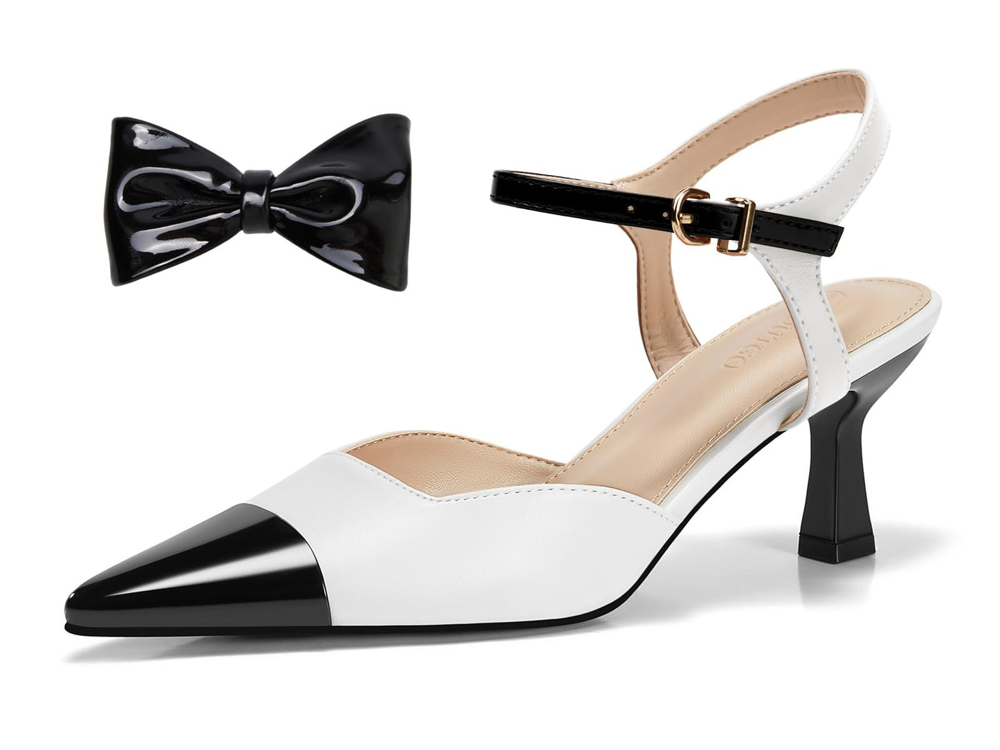 Coutgo Womens Kitten Heels Dress Shoes Closed Pointed Toe Ankle Strap Bow Pumps