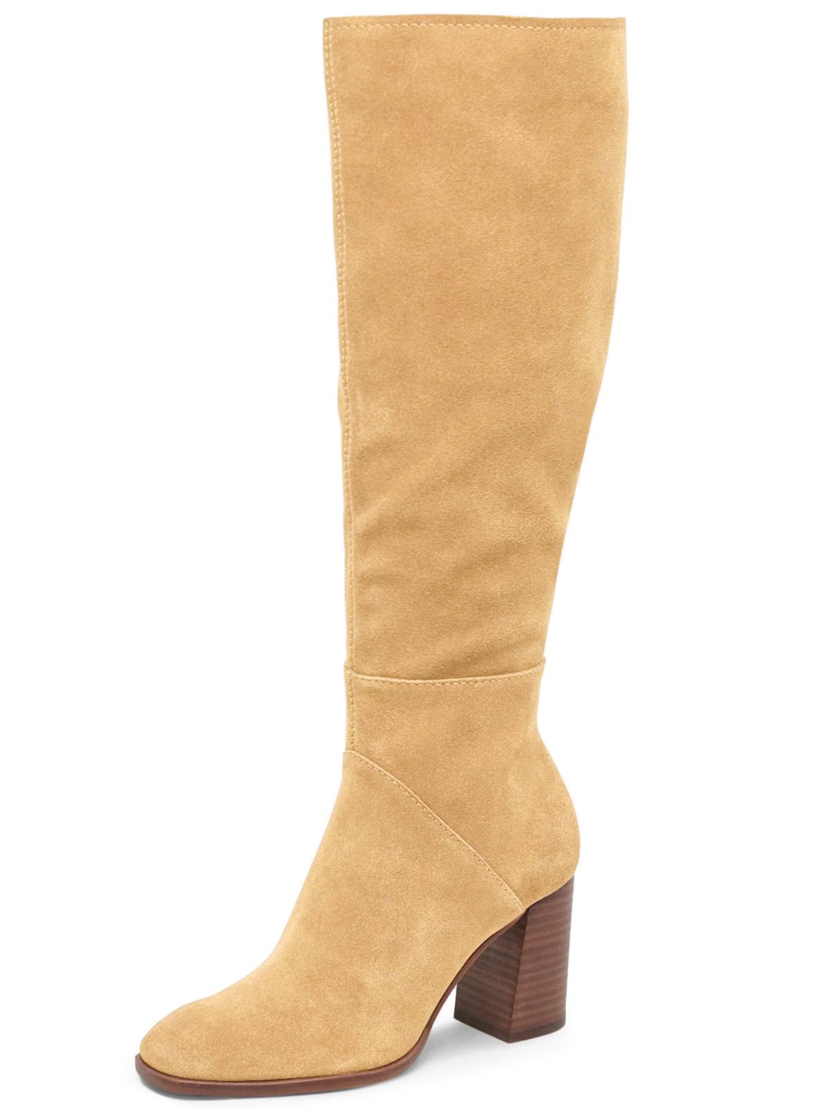 Coutgo Womens Knee High Boots Square Toe Chunky Block Heel Side Zipper Faux Suede Long Boots Fall Winter Shoes