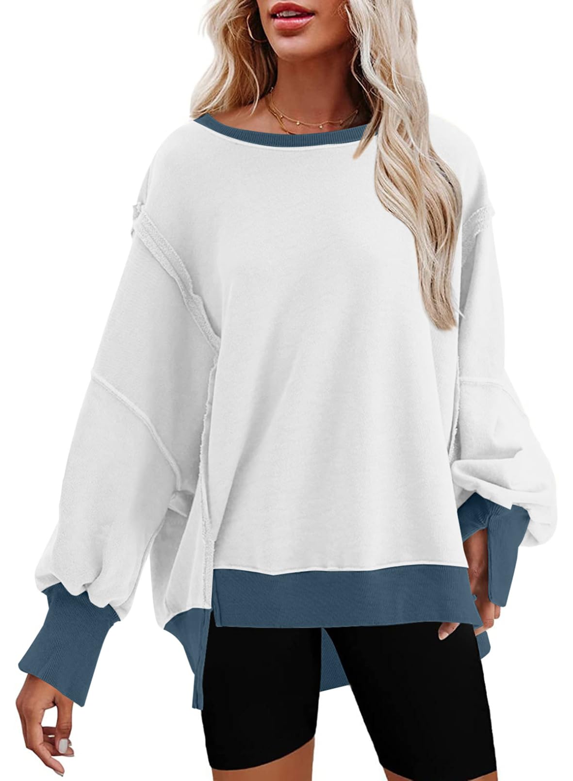 SHEWIN Womens Oversized Reverse Seam Sweatshirt Casual Long Sleeve Crewneck Lightweight Pullover Tops Loose Sweatshirts