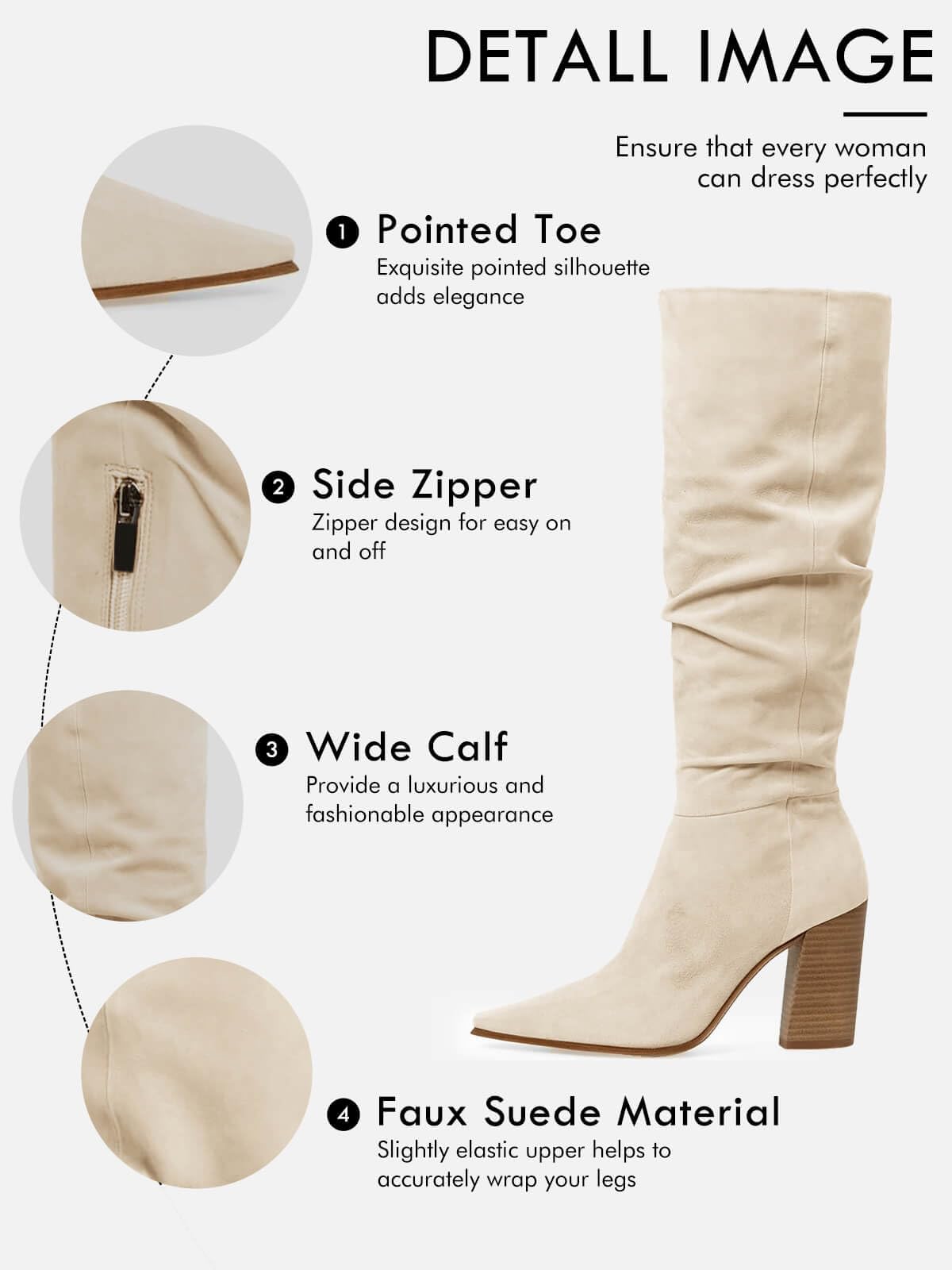 PiePieBuy Womens Faux Suede Knee High Boots Pointed Toe High Chunky Heel Side Zipper Party Dress Booties