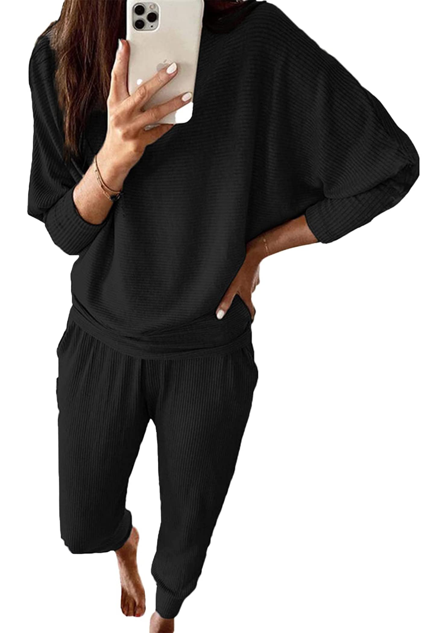 PRETTYGARDEN Women's Fall Fashion Outfits 2 Piece Sweatsuit Solid Color Long Sleeve Pullover Long Pants Lounge Set