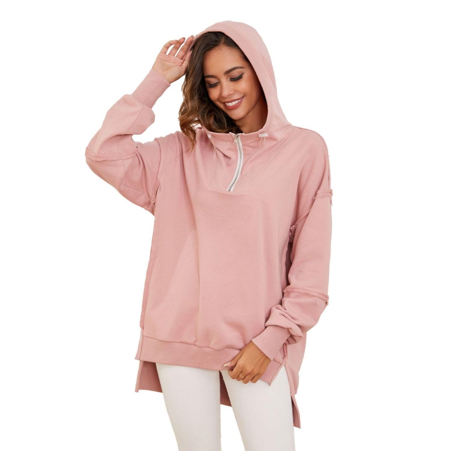 Women’s Quarter Zip Hoodies Long Sleeve Side Slit Sweatshirts Loose Drop Shoulder Drawstring Hooded Pullover Top