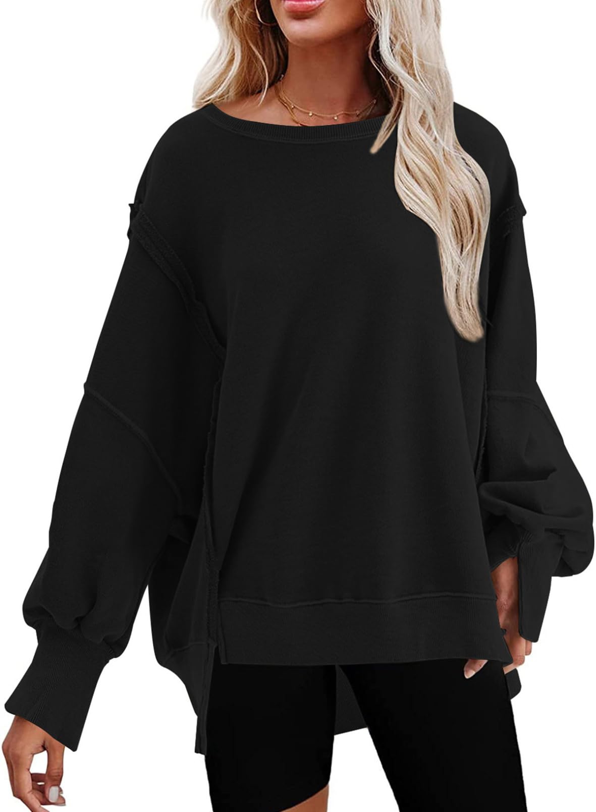 SHEWIN Womens Oversized Reverse Seam Sweatshirt Casual Long Sleeve Crewneck Lightweight Pullover Tops Loose Sweatshirts