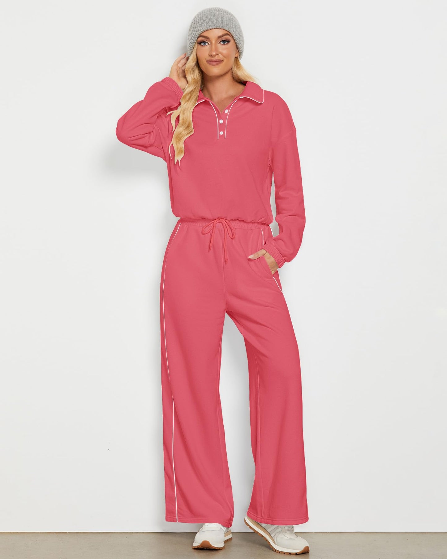 GRAPENT Sweatsuits Two Piece Sets for Women High Wasited Wide Leg Pants Fleece Button Pullover Sweatshirt Lounge Outfits