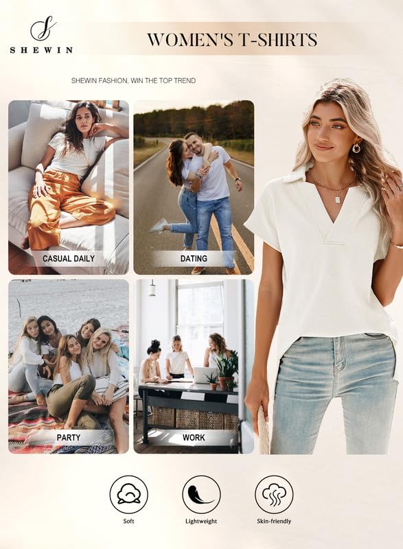 SHEWIN Women's Polo Shirts Casual Collared Short Sleeve Shirt Loose V Neck Tunic Tops