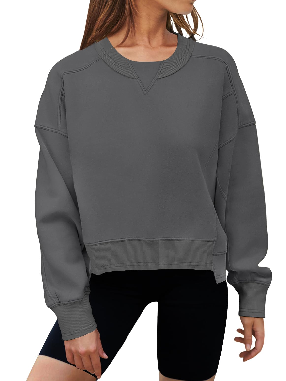 MEROKEETY Women's Oversized Cropped Sweatshirts Crewneck Fleece Workout Pullover Sweater Fall Outfits