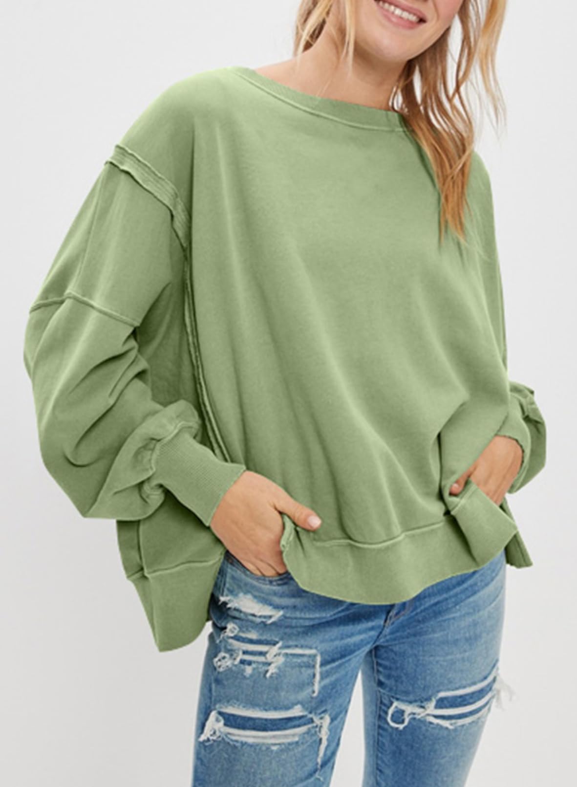 SHEWIN Womens Oversized Reverse Seam Sweatshirt Casual Long Sleeve Crewneck Lightweight Pullover Tops Loose Sweatshirts